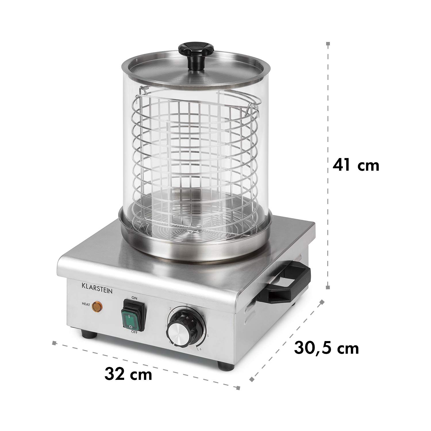KLARSTEIN Pro Wurstfabrik 450 - Hot Dog Maker, 450 Watt, 30-100 °C, Cilindro in Vetro: Ø 20 cm, Gabbia in Acciaio Inox Suddividibile: Ø 17 cm / 5 litri, Acciaio Inox, Serbatoio: 1,1 L, Argento