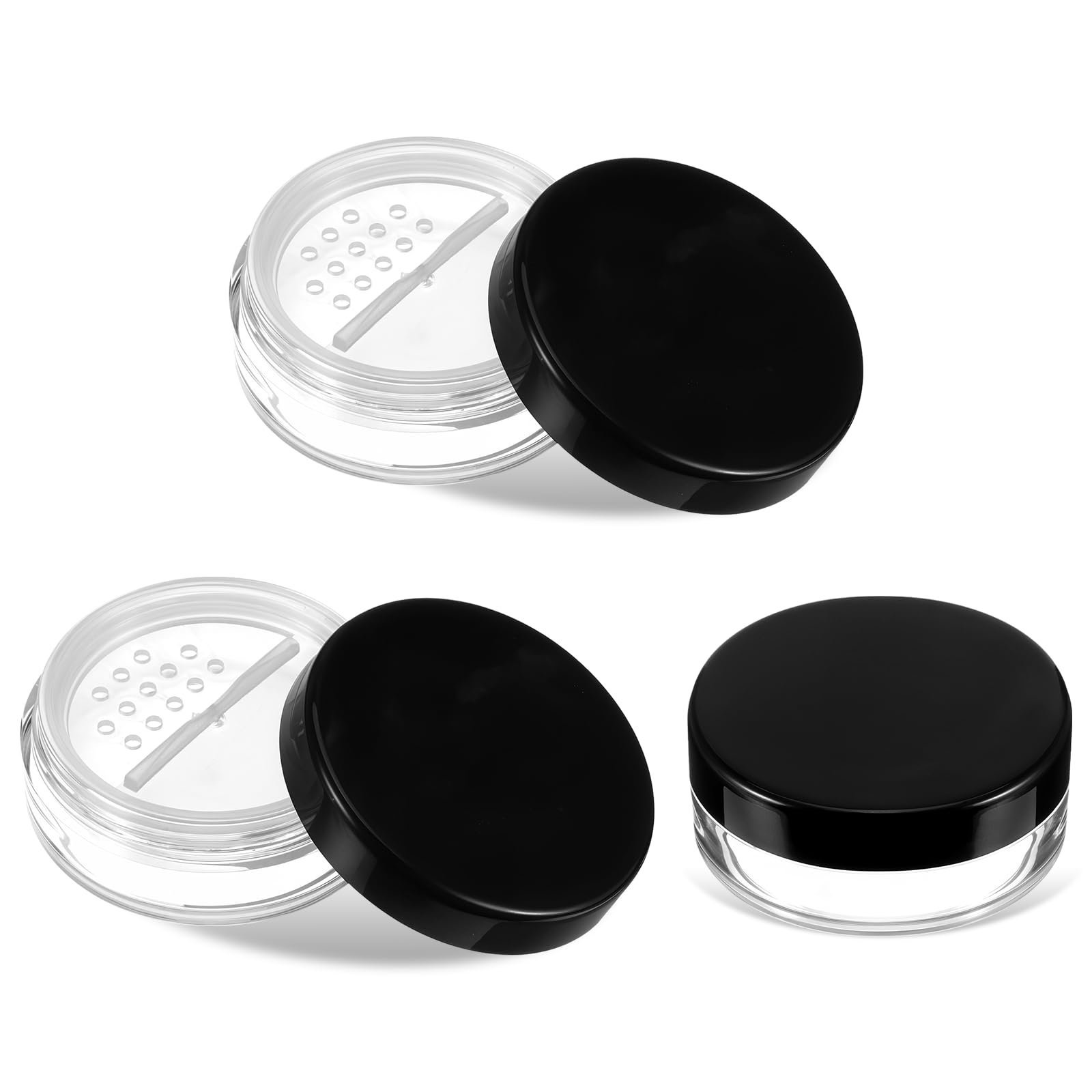 3 Pcs 10ml/0.34oz Black Plastic Refillable Loose Powder Containers, Empty Travel Powder Container with Rotatable Sifter and Leakproof Screw Lid for Makeup Powders, Foundation Reusable No Leak Compact