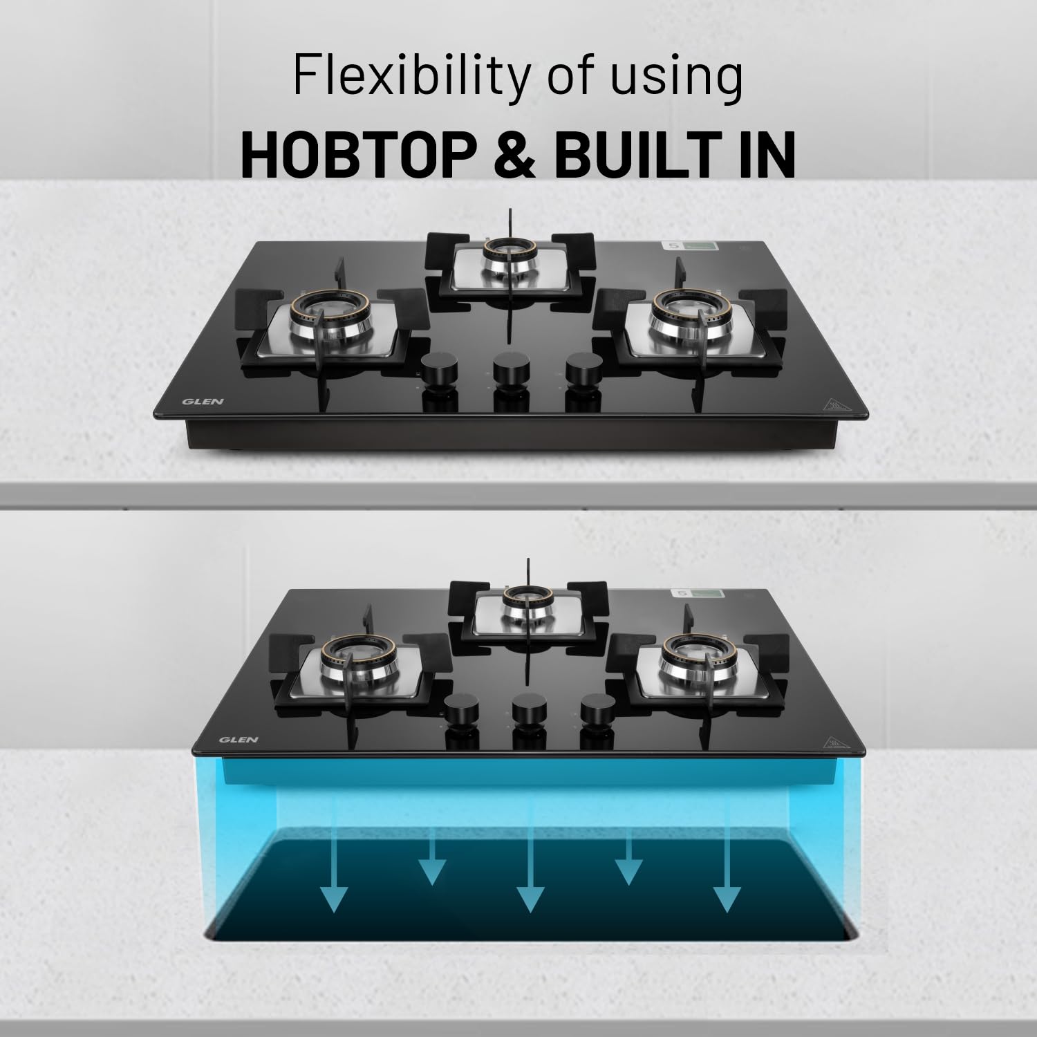 Glen Hob Built In Hob 3 Burner Gas Stove Auto Ignition 8 MM Toughened Glass Black Forged Brass Burner with Double Ring Flame Gas Stove 3 Burner