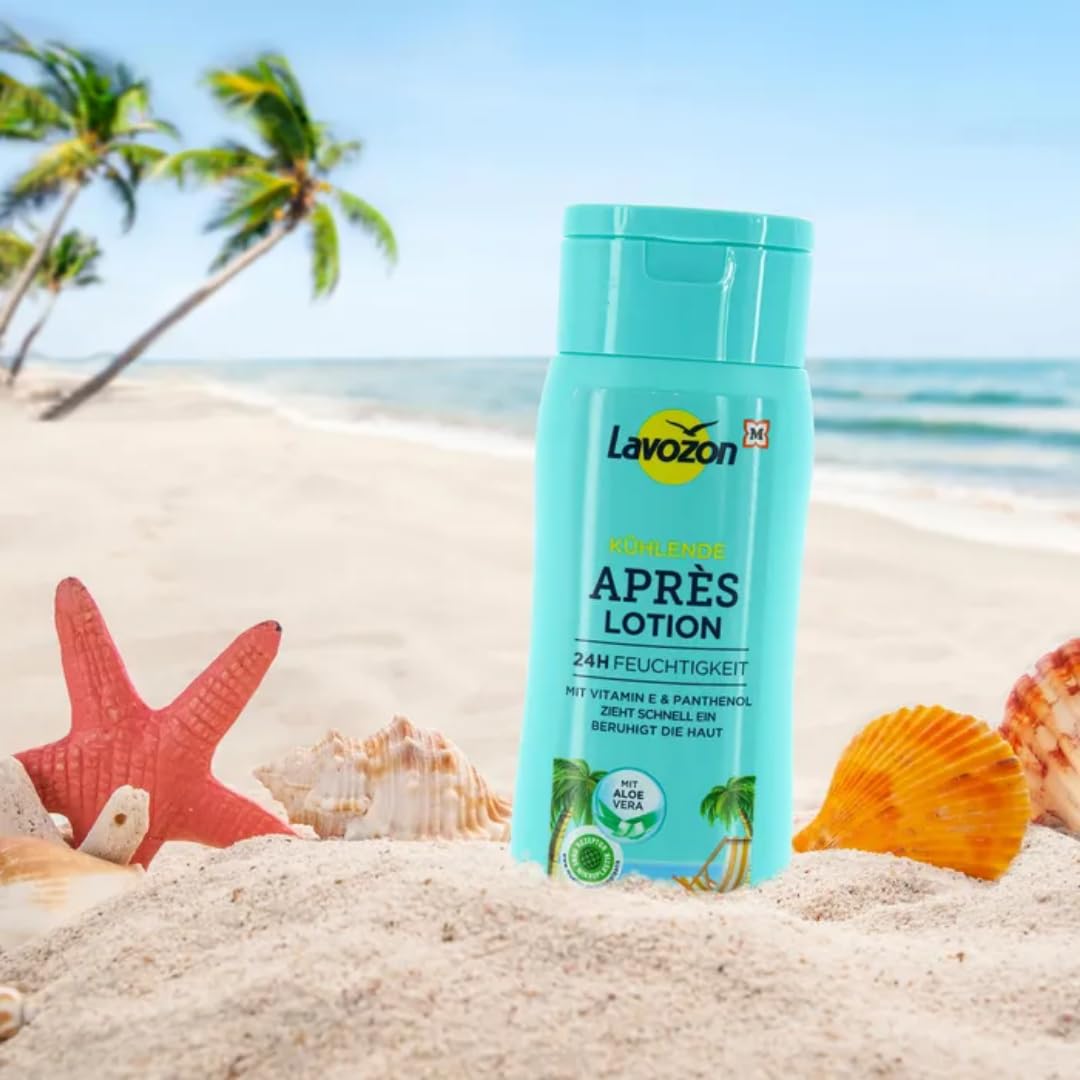 LAVVOZON After-Sun Kühlende Apres Lotion, mit Aloe Vera, Panthenol und Allantoin, 200ml, 4 Er