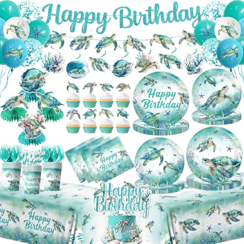 Sea Turtle Birthday Party Decorations Under the Sea Party Decorations Blue Sea Turtle Plates and Napkins Tablecloth Cups Balloon Forks Cake Toppers for Ocean Party Decorations Beach Pool Serve 24