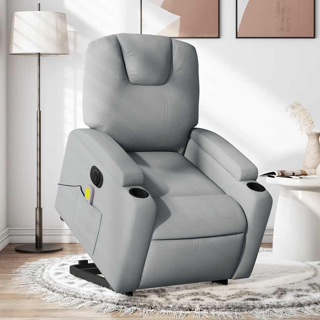 Elektrischer Massagesessel mit Aufstehhilfe Hellgrau Stoff, 6-Punkt-Vibrationsmassage, Verstellbare Rückenlehne und Fußstütze, Robust Metall- und Holzgestell