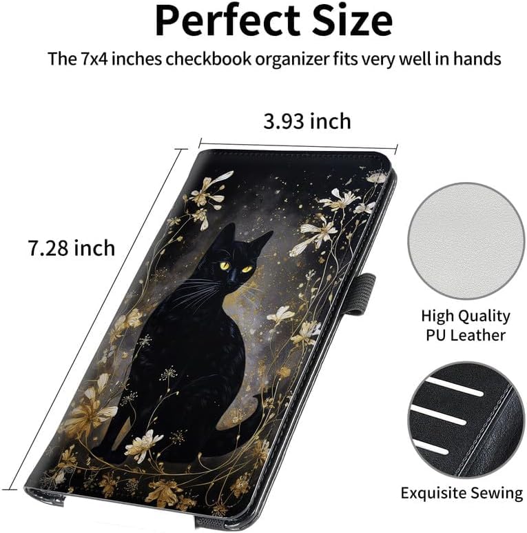 Image of FUYOCWE Leather Checkbook Covers for Men Women Check book Holder Cover Wallets for Personal Checkbook Duplicate Checks with RFID Blocking & Elastic Strap,Black Cat with Gold Floral