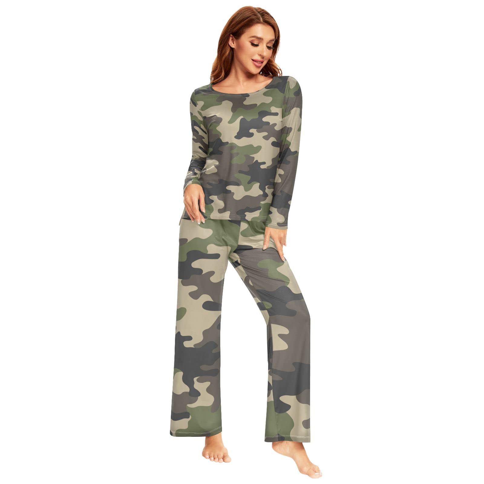 YOUJUNER Pyjamas Sets for Women, Camouflage Green Camo Long Sleeve Sleepwear Loungewear Set Pjs Nightwear Set