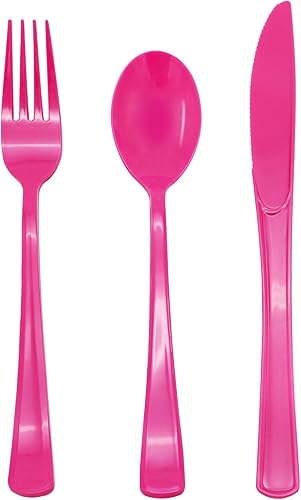 joy akkess Paquete de 150 cubiertos de plástico rosa, juego de utensilios de plástico rosa intenso, juego de cubiertos de plástico rosa, 50