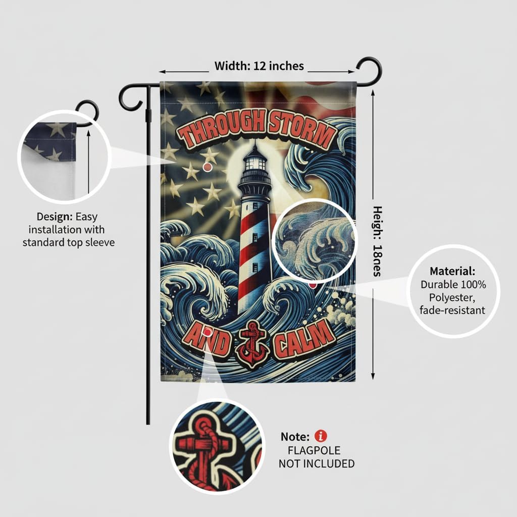 Lighthouse Garden Flag, Double Sided 12x18 Inch, Patriotic Nautical Outdoor Yard Banner with American Flag & Waves, Memorial Outdoor Decor for Veterans Day, Patriot Day, 911 - Image 2