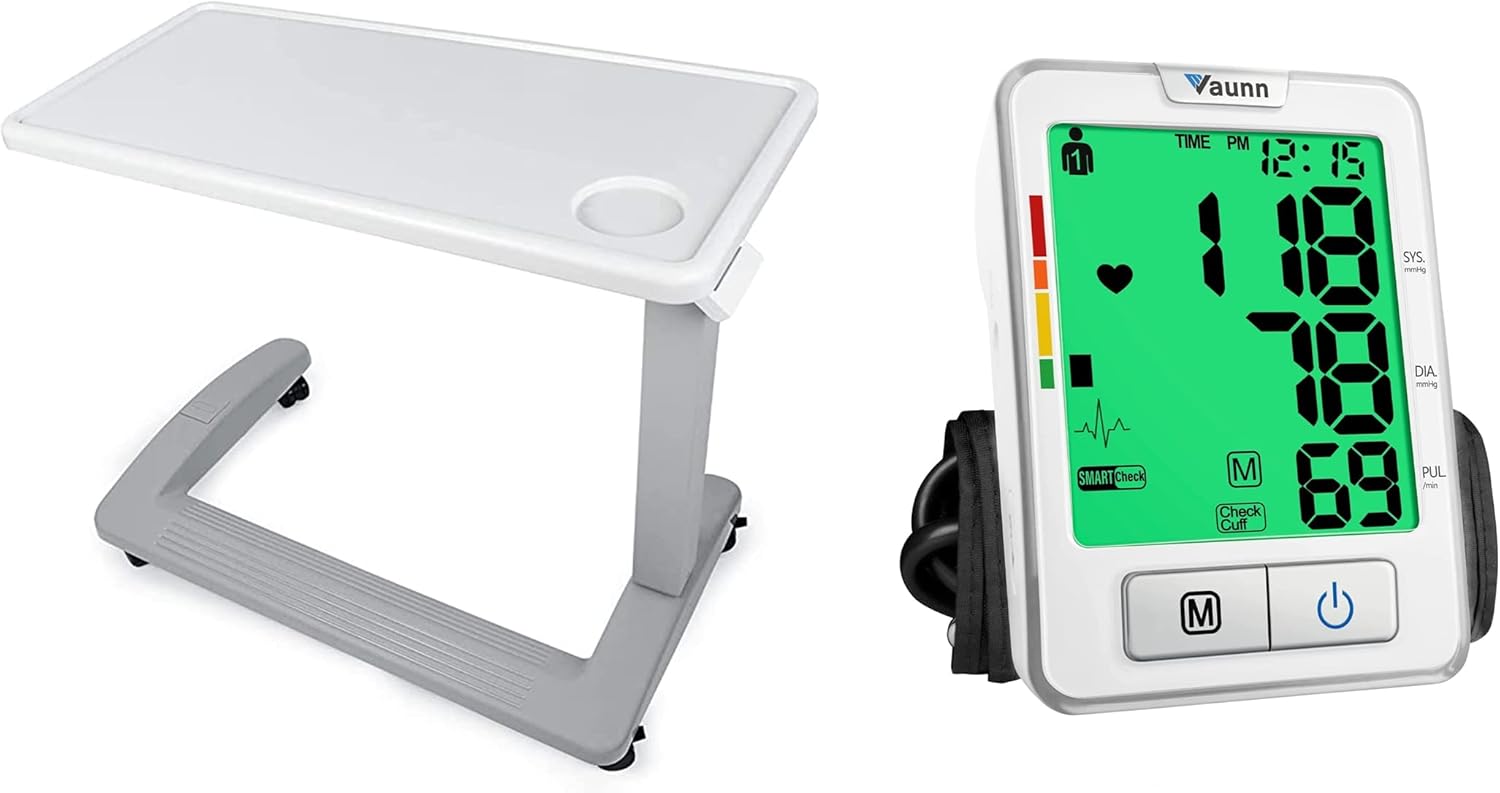 Vaunn Medical Deluxe Overbed Bedside Table with Wheels and Blood Pressure Monitor Machine Bundle : Health & Household