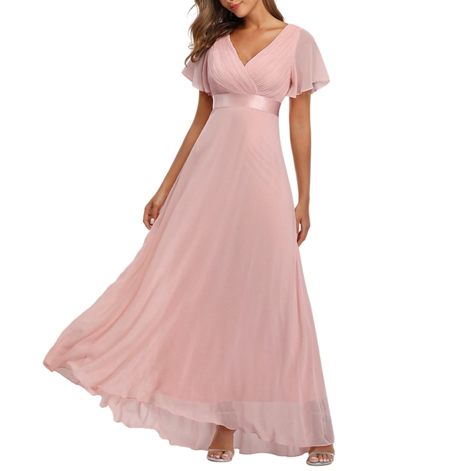 Vestido de noche para mujer, con cinturón, manga corta, cuello en V, de gasa, elegante, vestido de dama de honor, largo, de línea A, vestido de cóctel, vestido de fiesta con cinturón, corte ajustado,