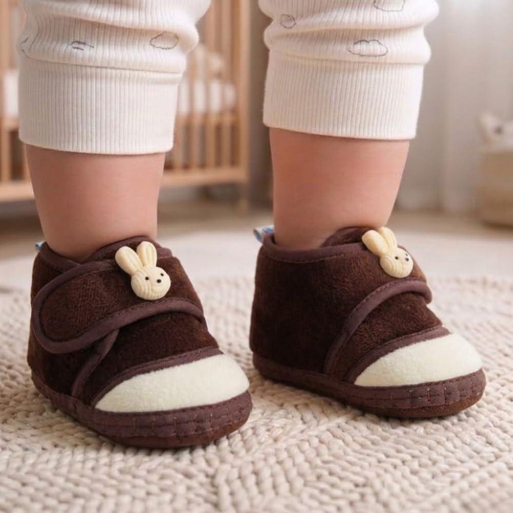 6 To 12 Months Baby Boys & Baby Girls Velboa Rabbit Face Brown,White Hook & Loop Shoe Booties-BT5619-image-17