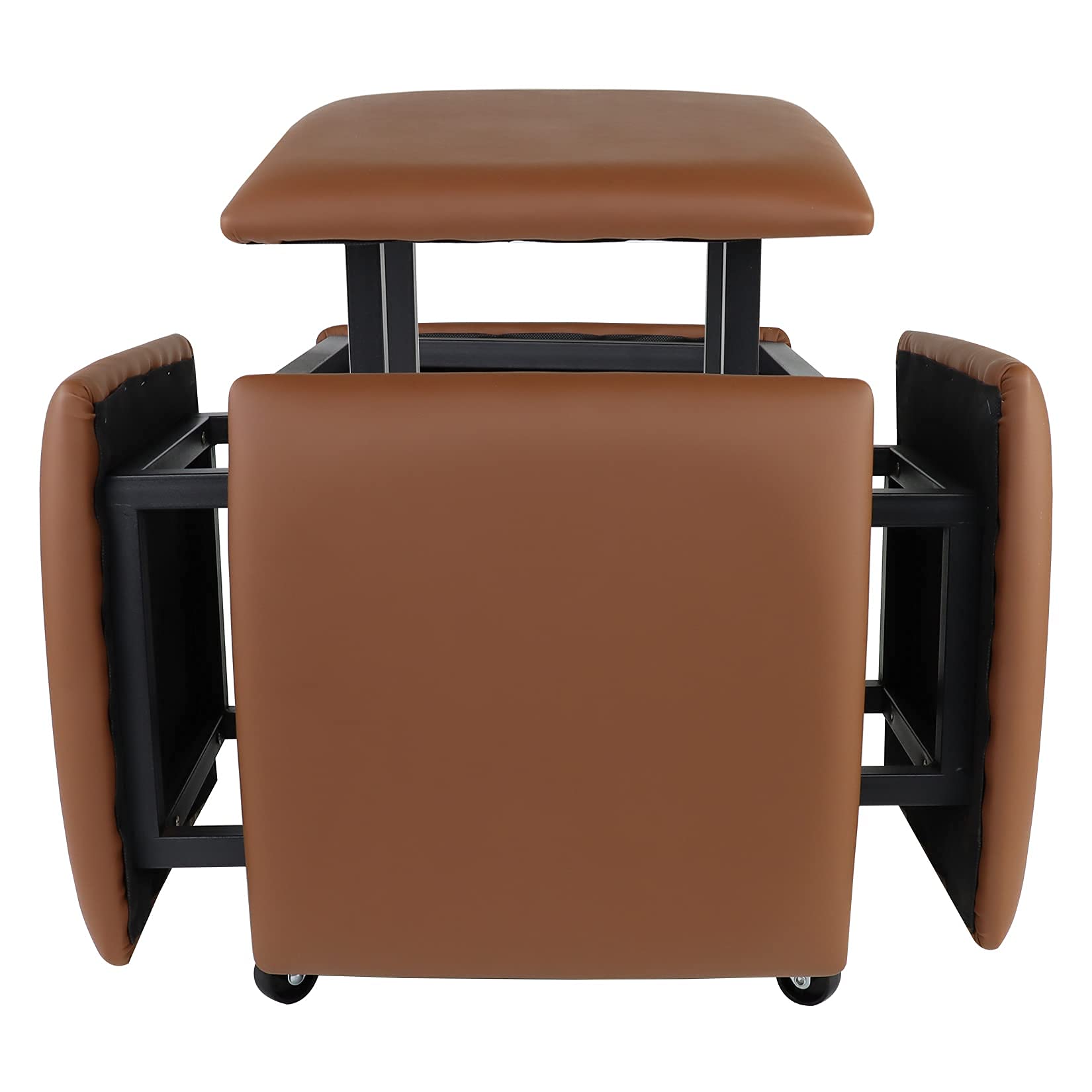 LUGSHIREE 5 in 1 Nesting Ottoman Cube Chair, Stackable Stools, Leather Square Ottoman Bench, Foot Stool with Wheels for Living Room,Dining Room 15.75x15.75x16.54 inches (Brown)