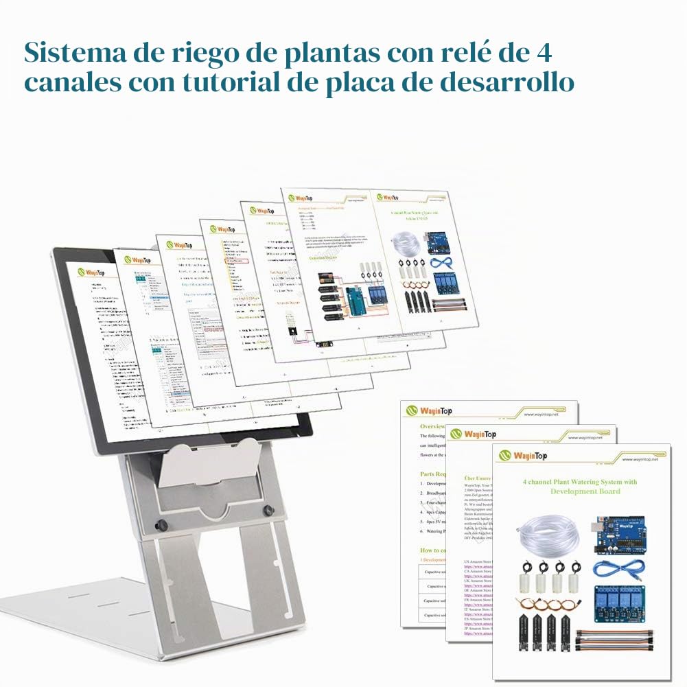 Sistema de Riego Automático DIY Kit, Desarrollo Placa + 4 Canal 5V Relé + 4pcs Sensor de Humedad del Suelo + 4pcs Mini Bomba de Agua DC 3V 5V + 5M Tubería Agua PVC + Jumper Cable