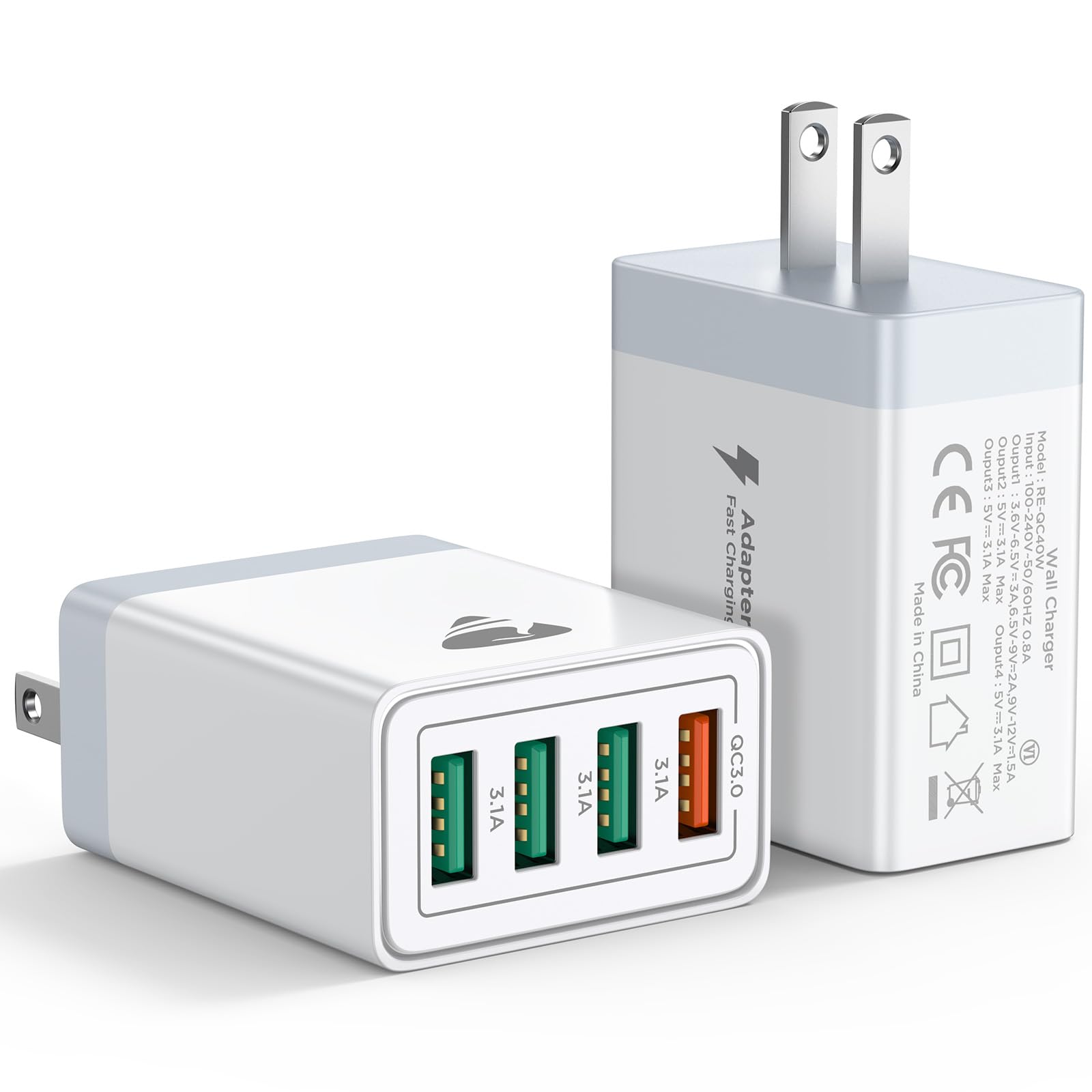 USB Wall Charger Block, 2-Pack 40W 4-Port USB Cube Power Adapter Plug, Multiport Charging Blocks Box Brick for iPhone 16 15 14 13 12 11 Pro Max XR Xs Max 8 7 6 Plus, Samsung, LG, Moto, Android Phones