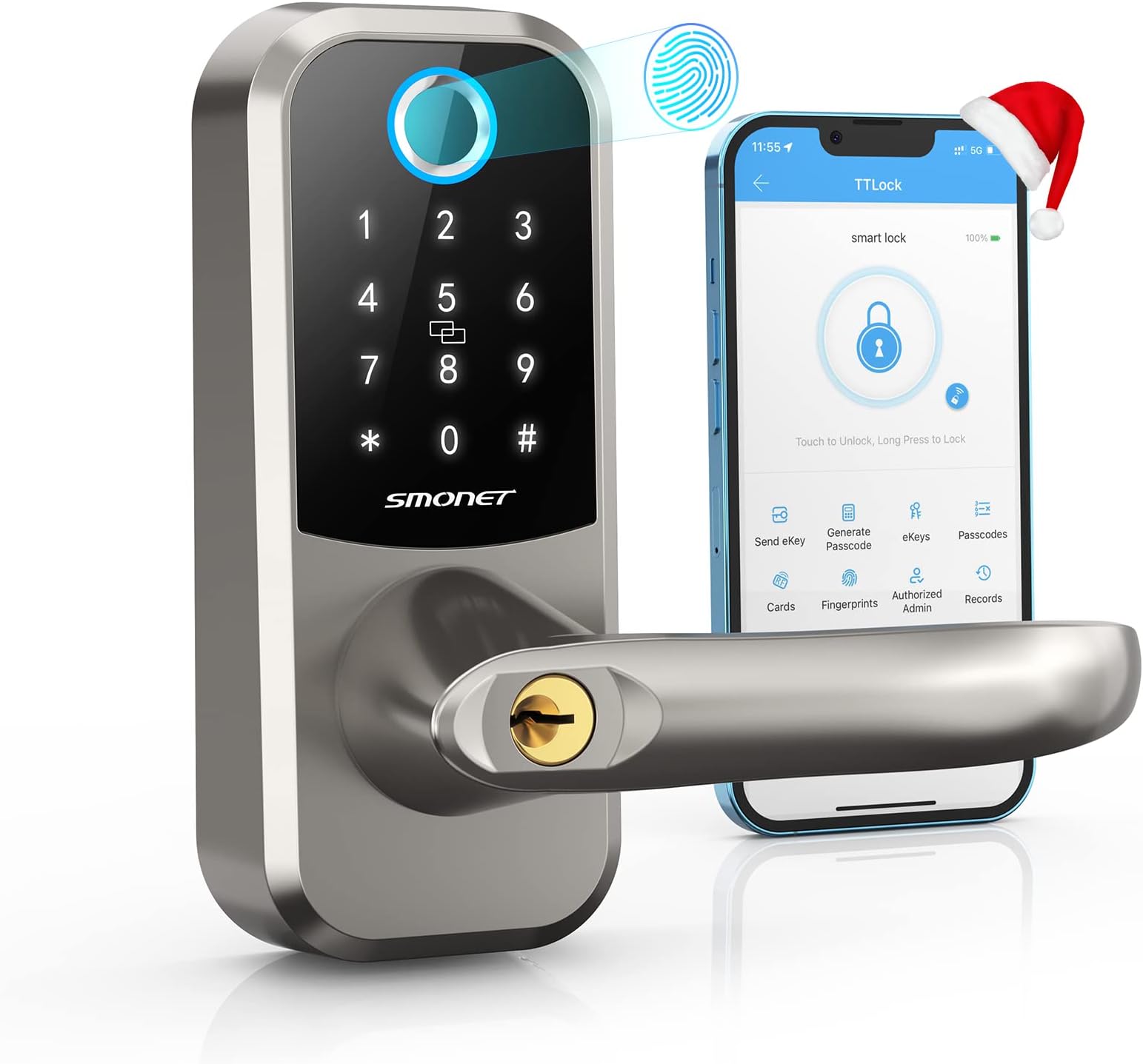 Smart Lock, SMONET Fingerprint Door Lock with Adjustable Handle, Bluetooth Electronic Digital Deadbolt Lock