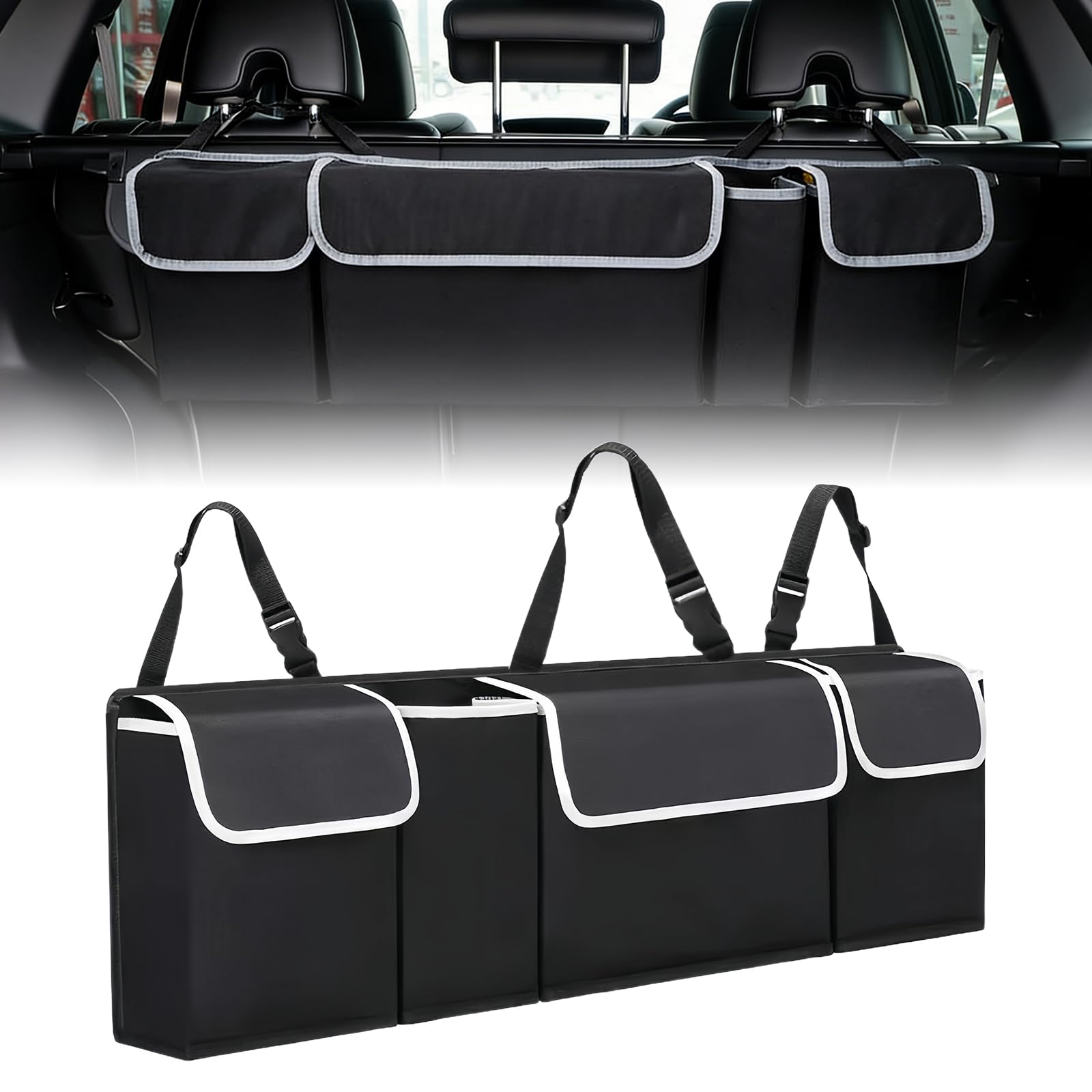 Ezvezs Black Car Boot Organiser,Backseat Storage Organiser With Adjustable Straps,Multi Compartment Trunk Organizer,Back Seat Storage Bags,Car Boot Tidy Organisers,Foldable Cargo Net Cars Backseat Cover Gadgets