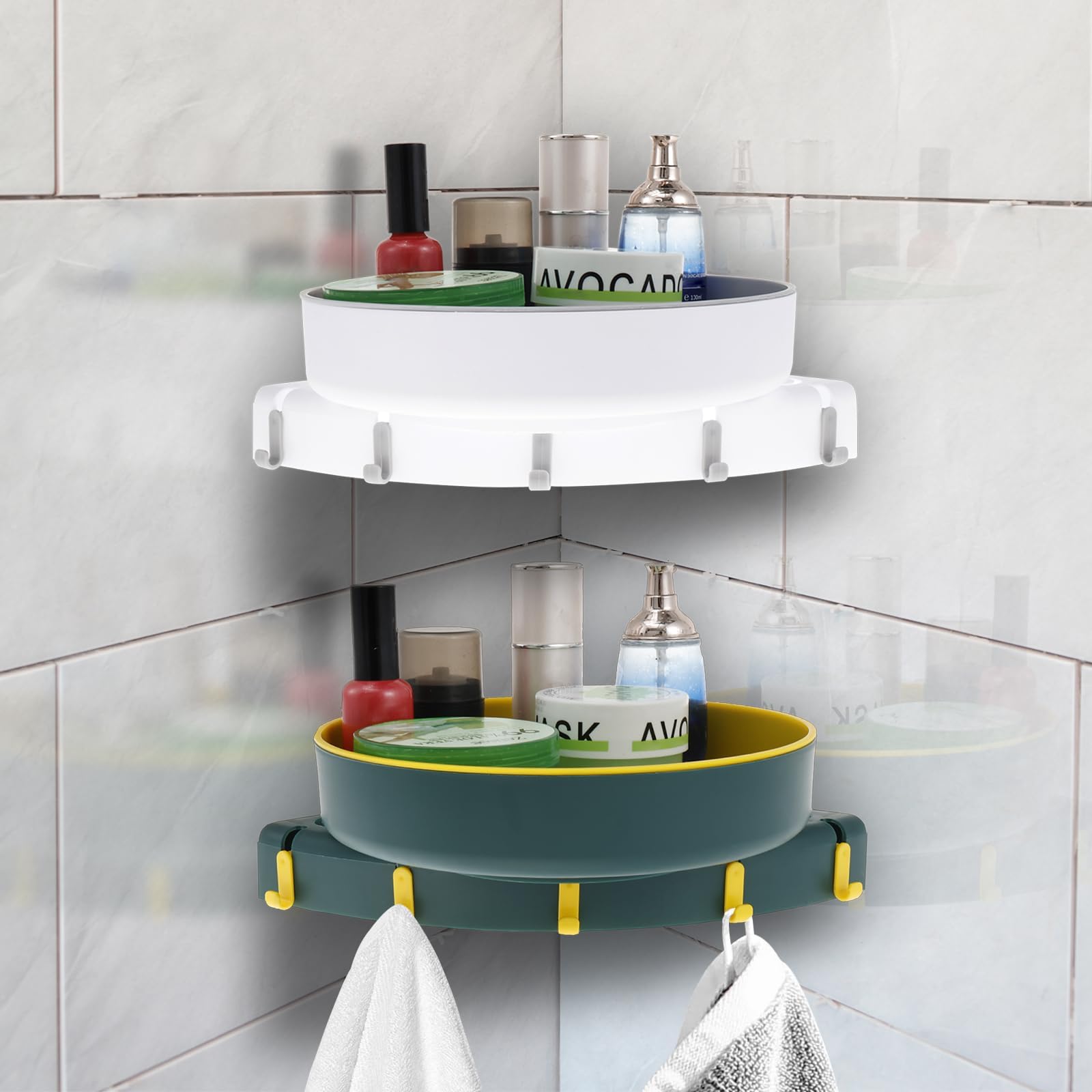2Pcs Corner Shower Shelf Wall Mounted Shower Basket 360° Rotating Lazy Susan Storage Self Adhesive Shower Organizer Caddy with 10 Hooks for Bathroom Kitchen Dorm