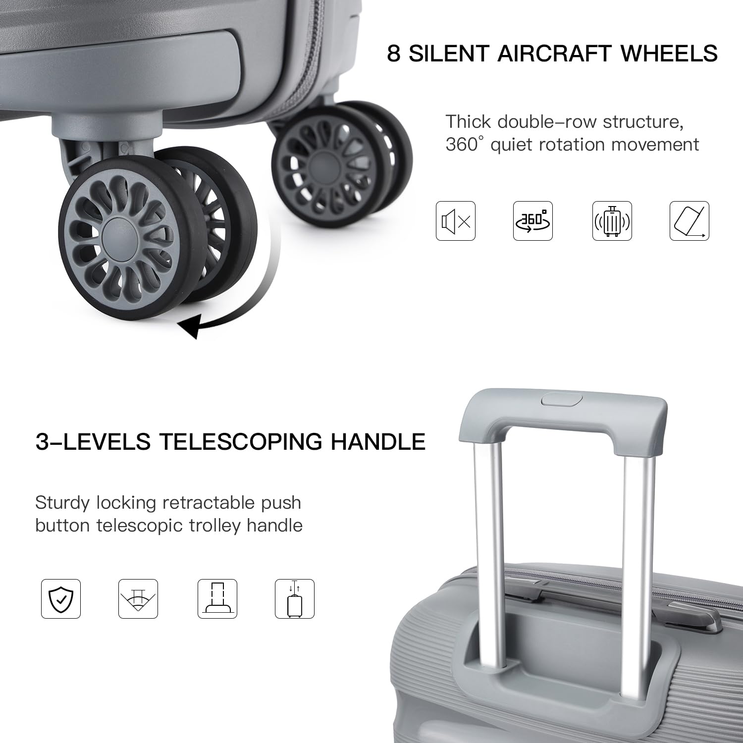 KONO Trolley Bagaglio a Mano Rigida Valigia da Viaggio in Polipropilene con 4 Ruote e Lucchetto TSA 55x40x20cm, Grigio