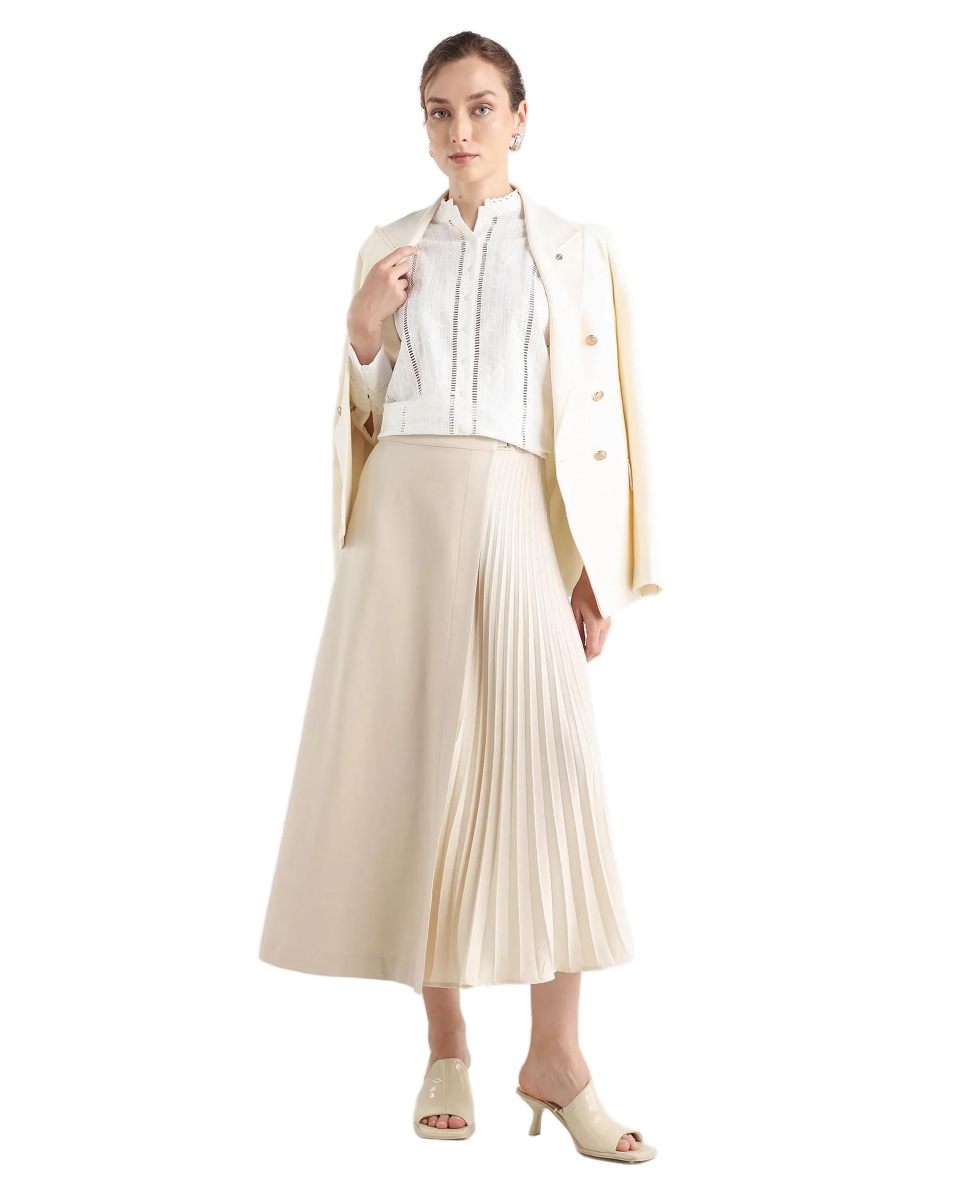 rareism Women's Flared Midi Solid Light Beige Polyester Blend A-Line Skirt-picture-41