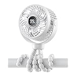 Bearwind Mini Portable Stroller Fan for Travel,360 Rotation,4-Speed LED Night Light Clip on Fans Operated by Rechargeable Battery, Cordless Fan with Tripod Car Seat Baby Pram (White)
