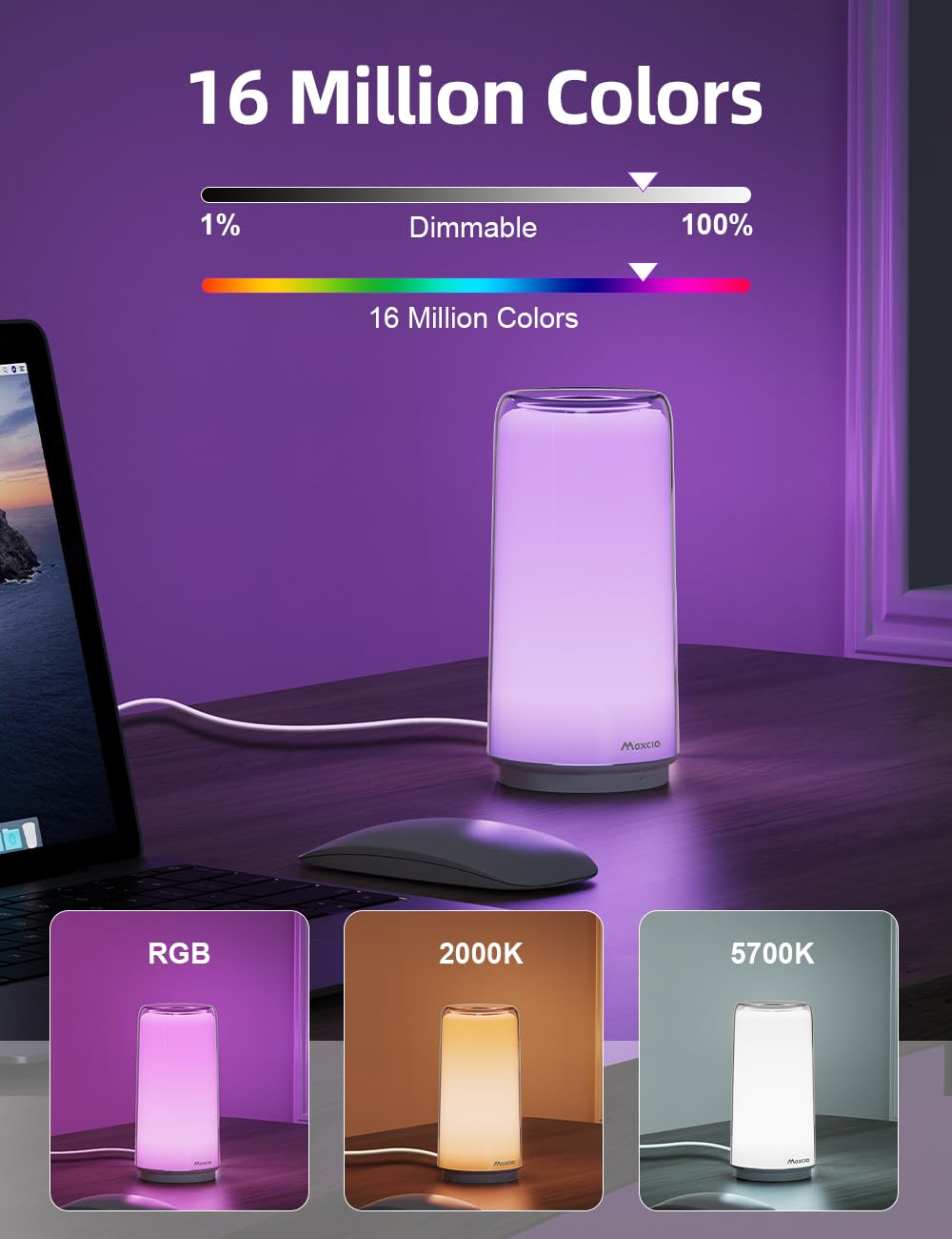 Maxcio Lampada da Comodino Smart, Compatibile con Alexa e Google Home, Lampada da Tavolo dimmerabile, Luce Notturna a LED con Controllo Timer e APP Controllo, RGBCCT Adatto per Camera da Letto