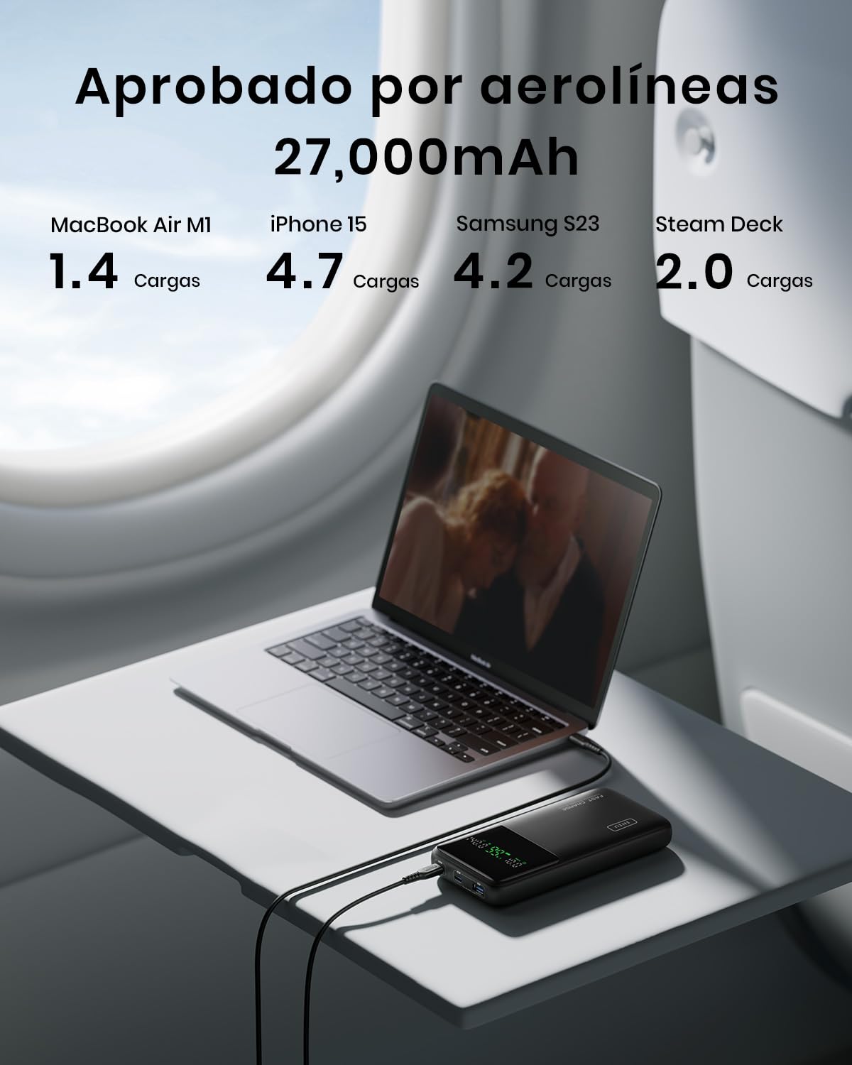 INIU Power Bank 27000mAh 140W, Batería Externa Portátil con Cable USB C Incorporado y Pantalla Digital, 3 Puertos Carga Rápida Powerbank para Laptop MacBook iPhone Steam Deck iPad Samsung
