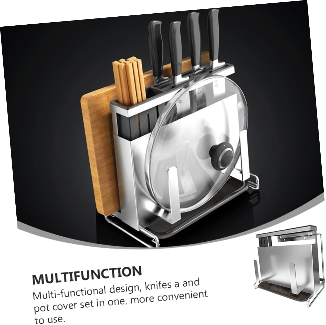 Mikinona Practical Knife and Utensil Storage Rack with Pot Cover Holder Stainless Steel Cutter Stand Space-saving Kitchen Organizer for Cutlery and Chopsticks