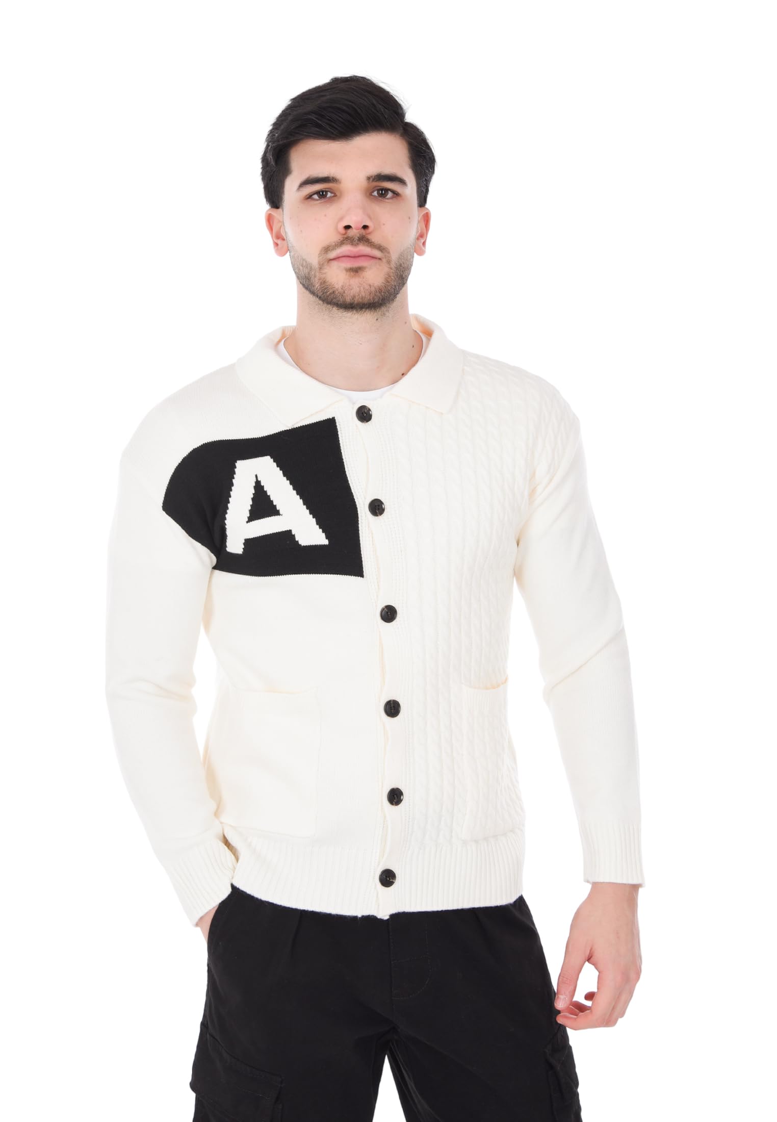 Ciabalù Cárdigan de hombre elegante de invierno con cuello y trama trenzada Jersey cálido con cierre de botones Jersey Slim Fit