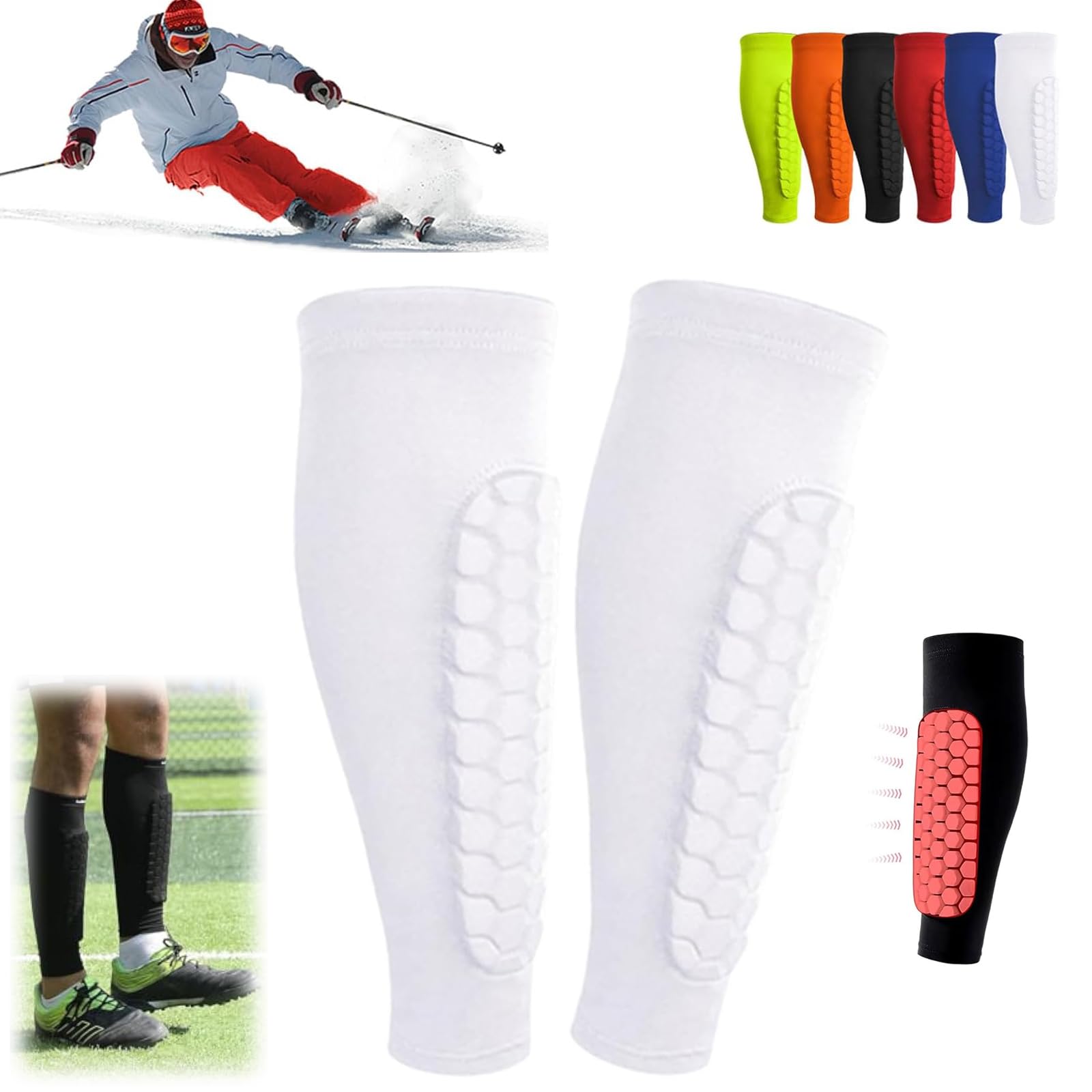 Ski Shin Guards, Football Shin Pads, Ski Shin Protection with Honeycomb Pads, Long Breathable Elastic Ski Shin Pads, Ski Shin Pads, and Ski Guard Socks, Lightweight (White, M)