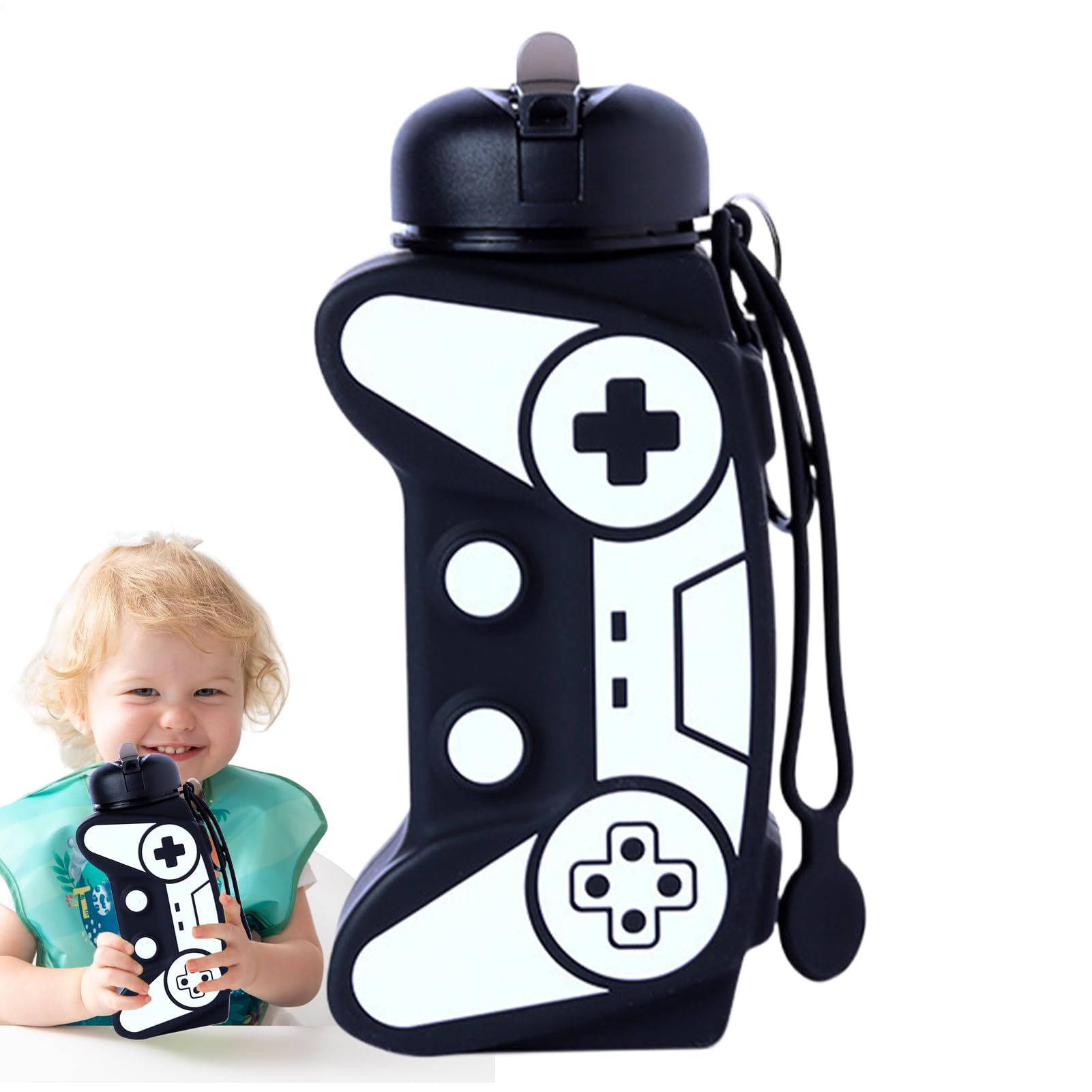 Foldable Water Bottles,Silicone Game Handle Mugs | Portable Drinking Bottles with Carabiner,for Youth Boys Girls Teens Outdoor Sports Hiking Backpacking Camping Cycling Running Birthday Black