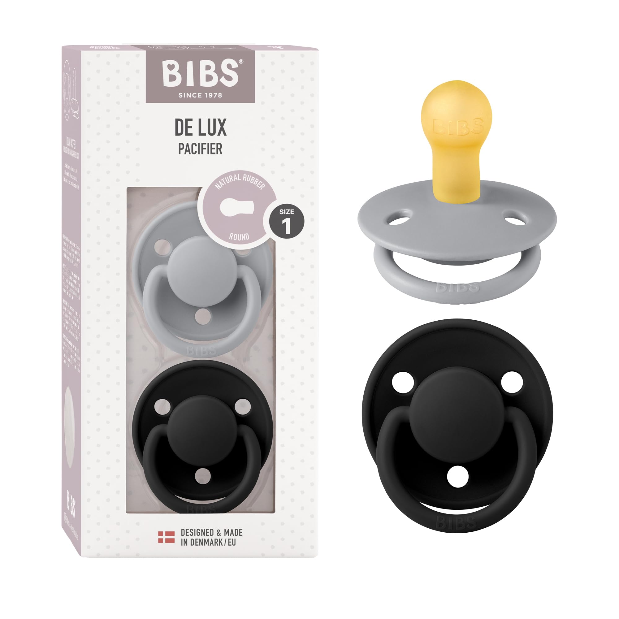 BIBS De Lux Ciuccio confezione da 2 pezzi. Privo di BPA, Tettarella tonda. Lattice di gomma naturale, Misura 1 (0-6 mesi), Cloud/Black