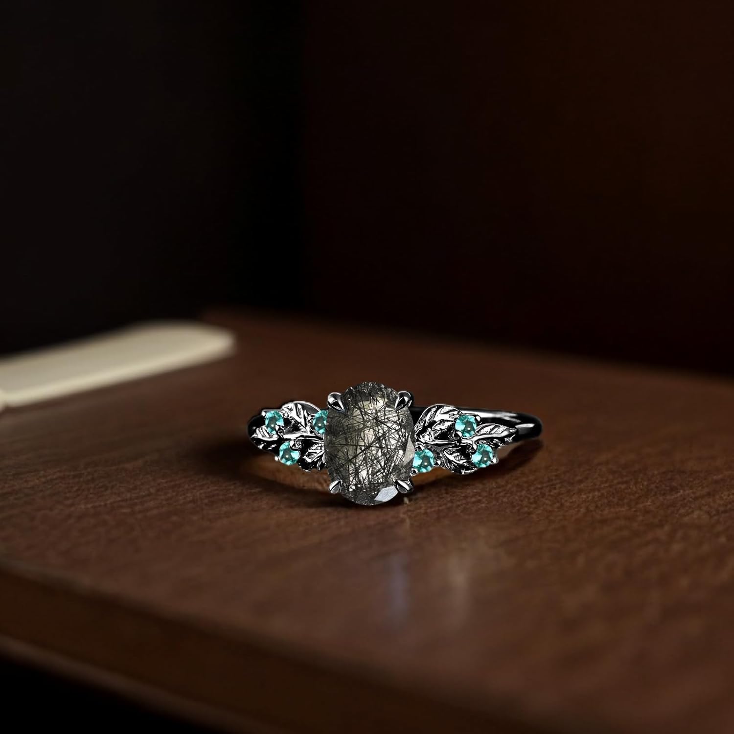 S925/10K/14K/18K Solid Gold Oval Gemstone Vintage Engagement Ring Set Leaf Unique Vine Gemstone Wedding Anniversary Ring Set Black Gold Bridal Ring Set