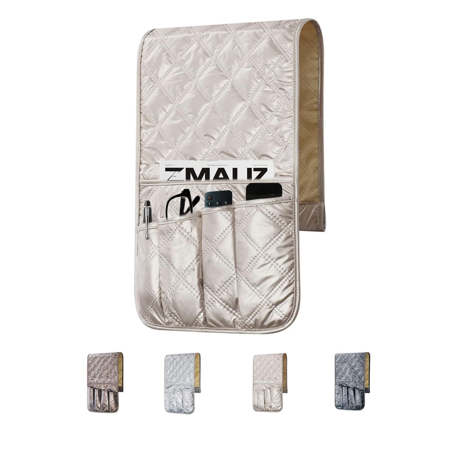 YUEDOUBAN Remote Control Holder for Couch Armchair Caddy for Recliner Sofa Armrest Organizer PU Waterproof Non-Slip Bedside Storage with 5 Pocket for Cell Phone TV Remote Magazine Tablet Glass Gloden