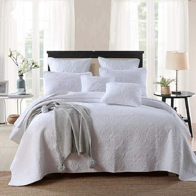 Unimall Quilted Bedspread White 3 Piece Cotton Embroidered Floral Patchwork Bed Spread Super King Size Soft Quilt Coverlet 250 x 270 cm with 2 Pillowcase 50 x 70cm