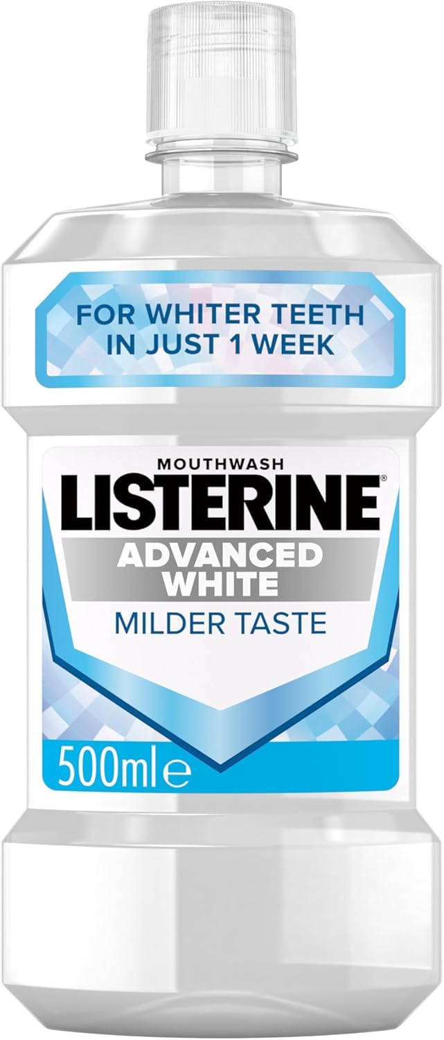 Listerine Advanced White Milder Taste (Zero Alcohol) Mouthwash (500ml), Fluoride Mouthwash to Whiten and Protect from New Stains While Remineralising and Strengthening Teeth