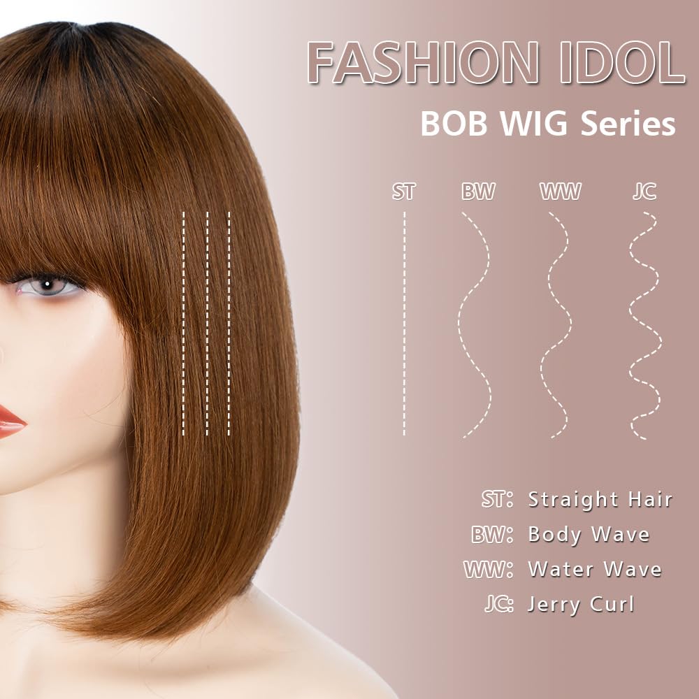 FASHION IDOL Bob Echthaar-Perücke mit Pony für schwarze Frauen kurzes glattes Haar 25CM natürliches schwarzes klebstofffreies maschinell hergestelltes kurzes Bob Perücken