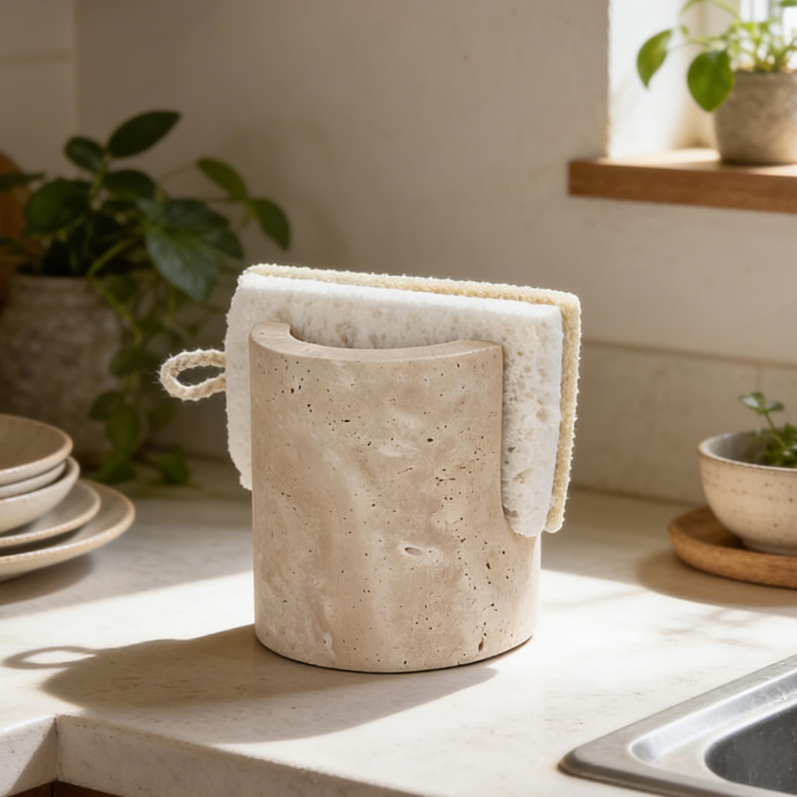 Photo 1 of KLYROVA Natural Travertine Sponge Holder w/ Sponge
