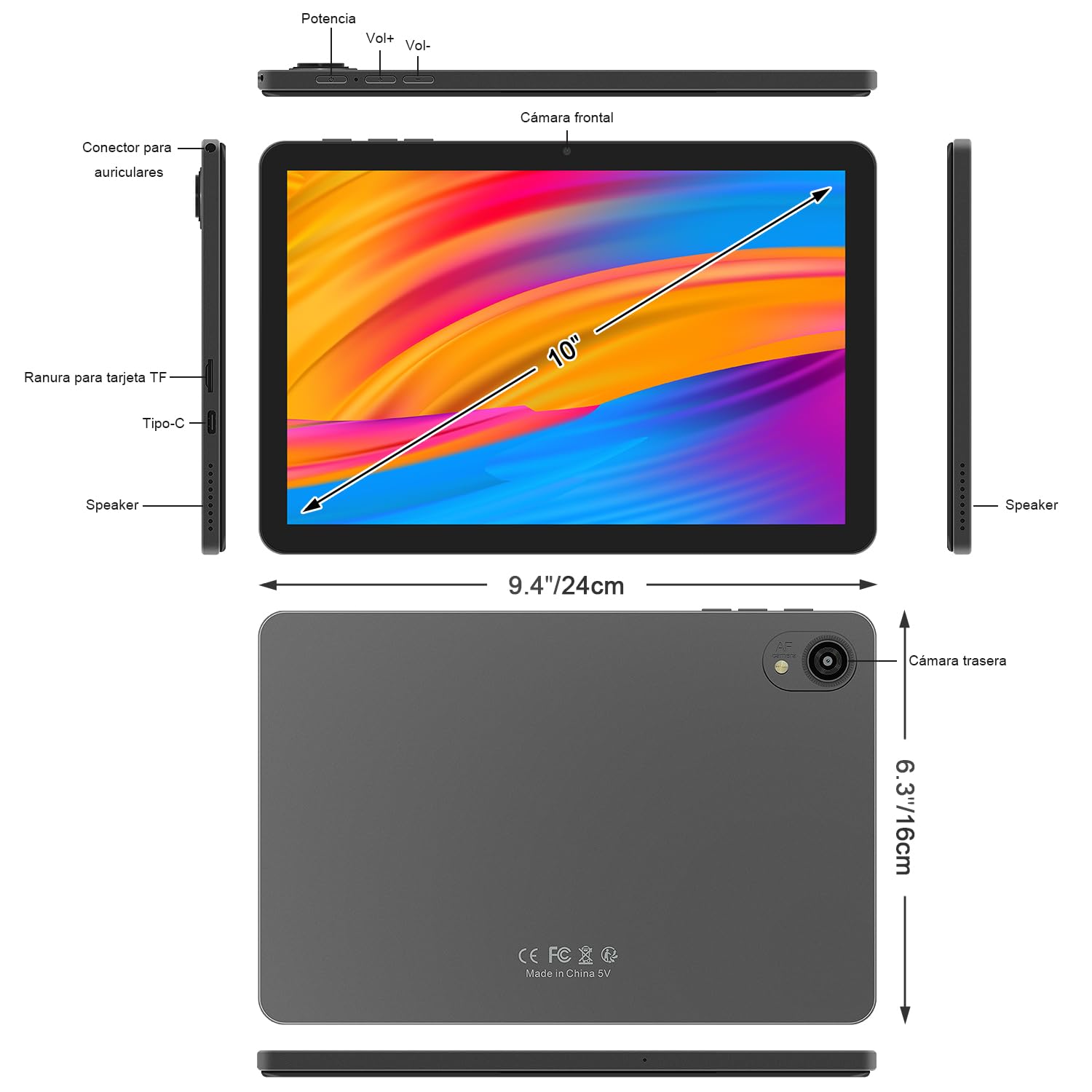 Tablette 10 Pouces, Tablette Tactile avec 2 Go RAM+32 Go ROM (1TB TF), 5100 mAh,Android Tablettes,Gris