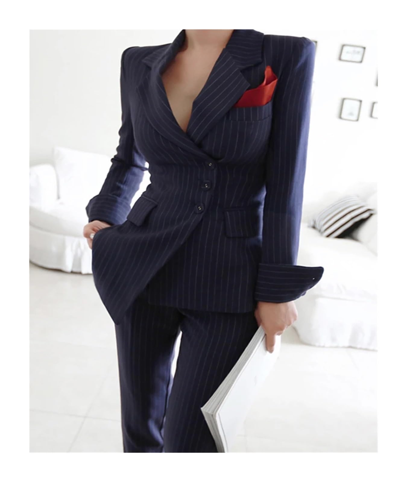 Conjuntos Formales de 2 Piezas for Oficina, Elegantes, for Mujer, con Temperamento a Rayas, un Solo Pecho, Pantalones y Abrigos para Negocios, Trabajo, Oficina, Formal