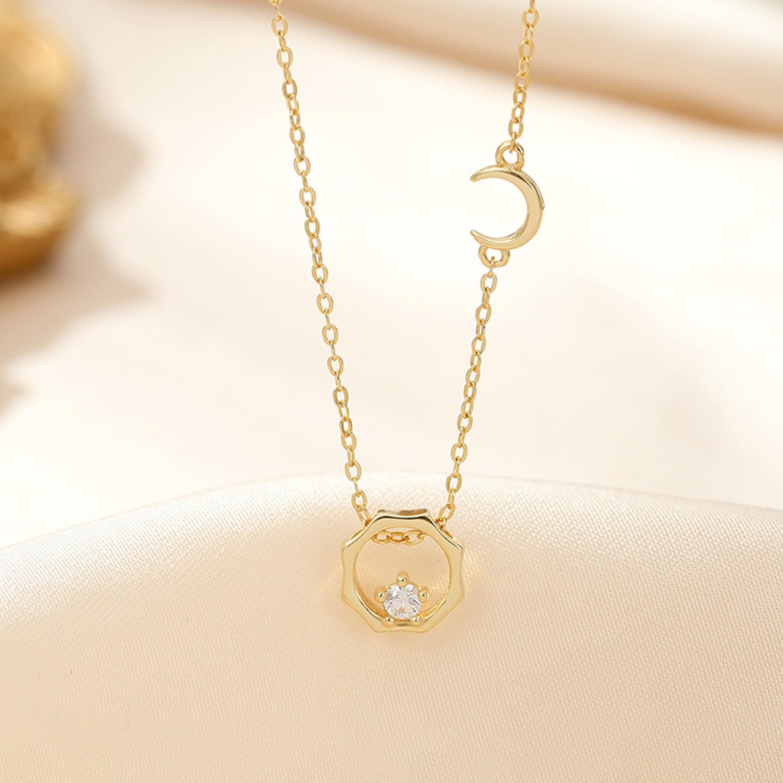 Collar de oro de 14 quilates para mujer, collar de oro amarillo de 9 quilates, 14 quilates, 18 quilates con sol y luna, cadena Rolo: 40 + 5 cm