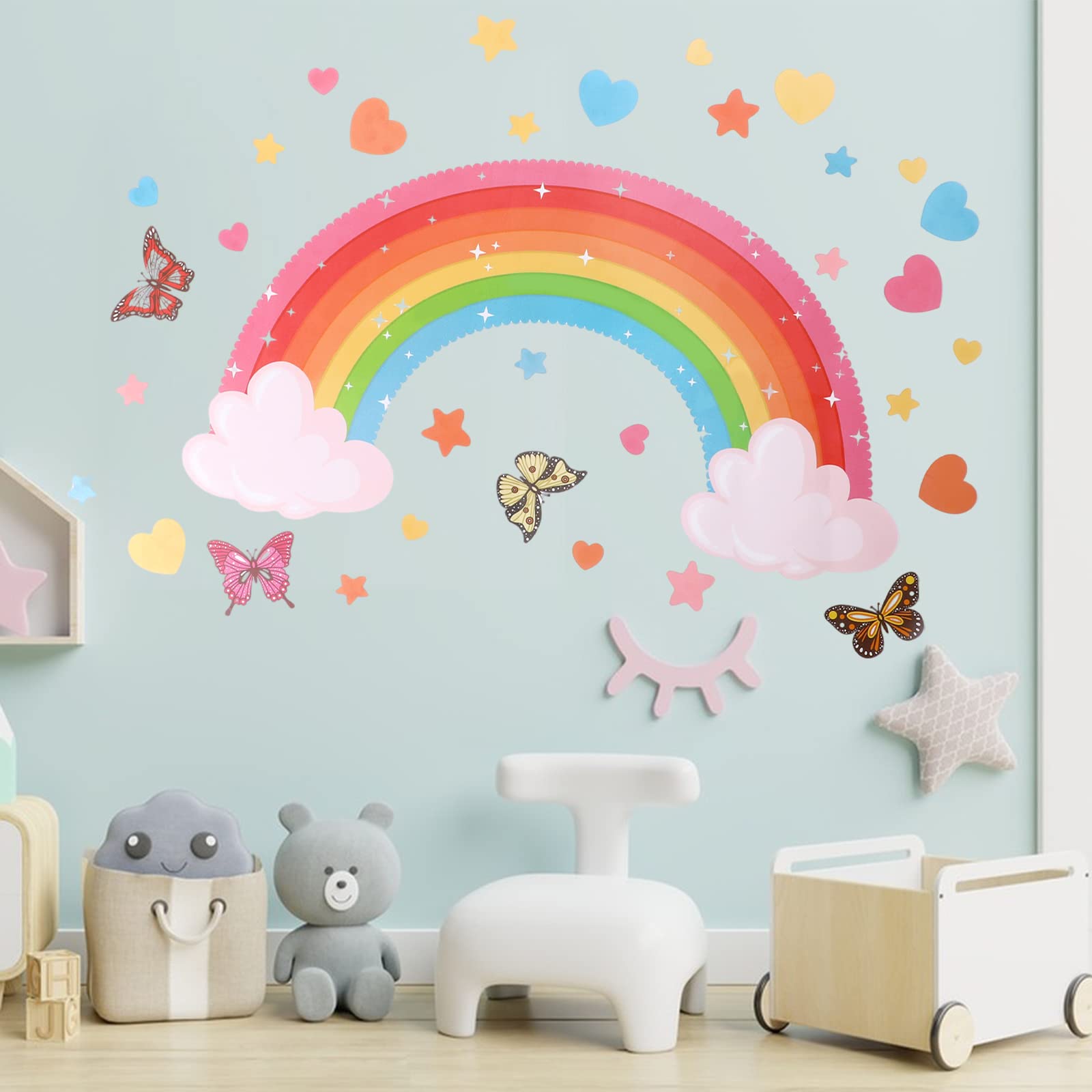 1 Set Large Rainbow Wall Stickers with Butterflies Stars Hearts Rainbow Wallpaper Colorful Star Clouds Decals for Kids Removable Baby Nursery Girls Bedroom Art Decoration - Image 3