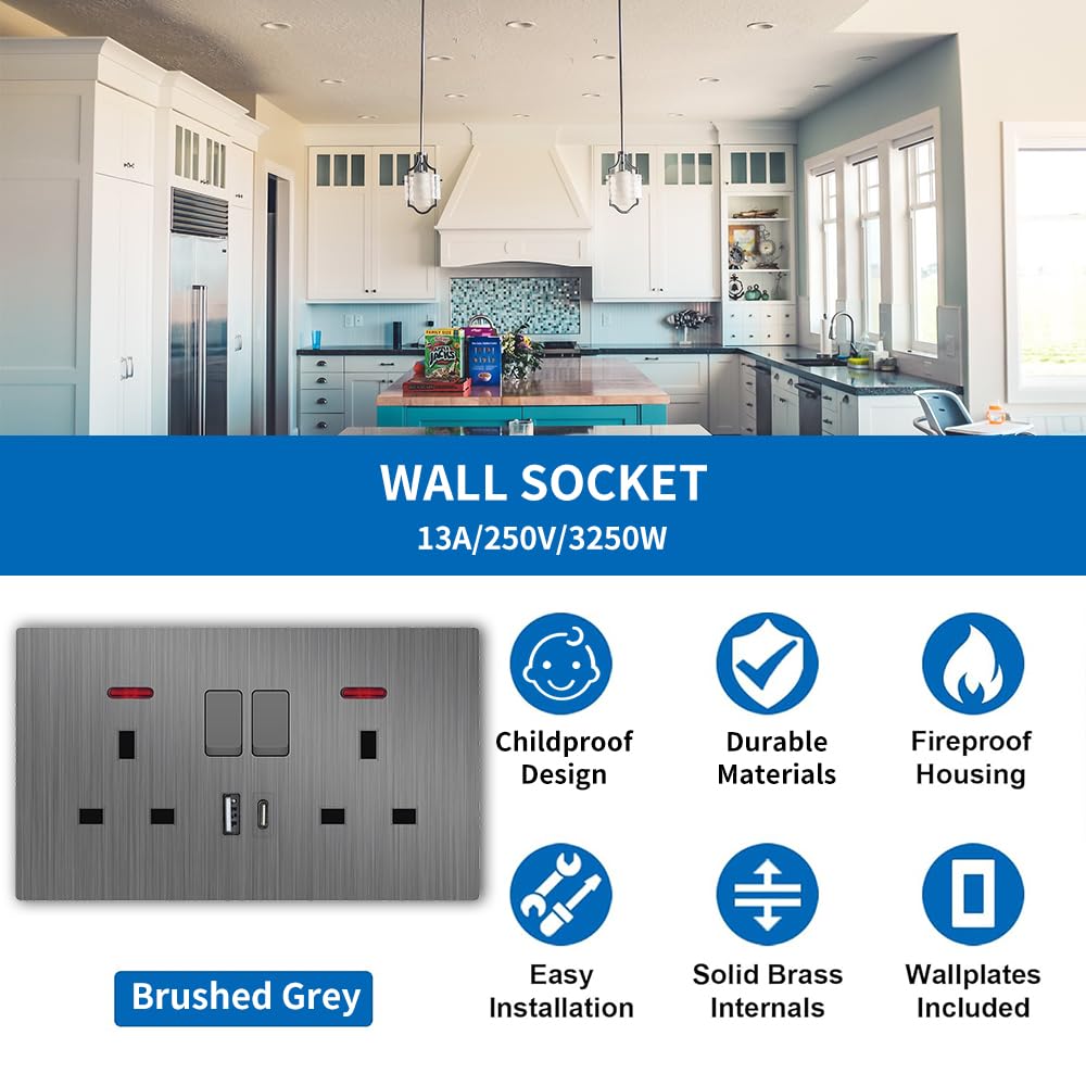 EINNO Double Switched Wall Outlets with USB C and A, 13 Amp, Brushed Grey, Double Socket with USB - Image 2