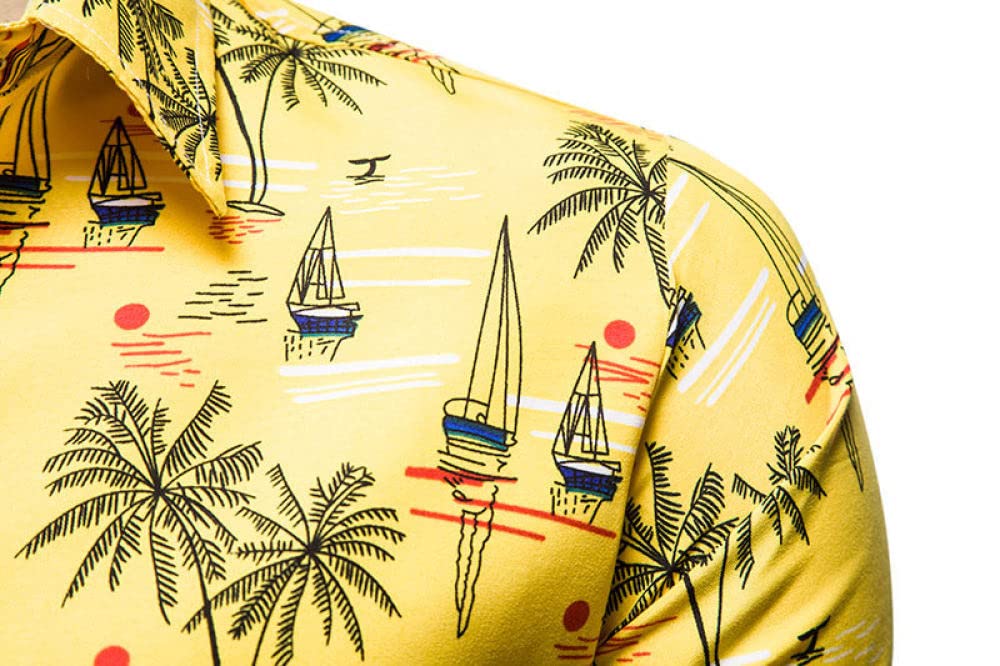 HGJH Hawaii Hemd, Herrenhemd Langarm Schwarz Kokospalme Segelboot-Print Hawaiihemd Kuba-Kragen Weiß Langarm Button Down Weiches Strandhemd Henley-Hemd Für Männer Jungen