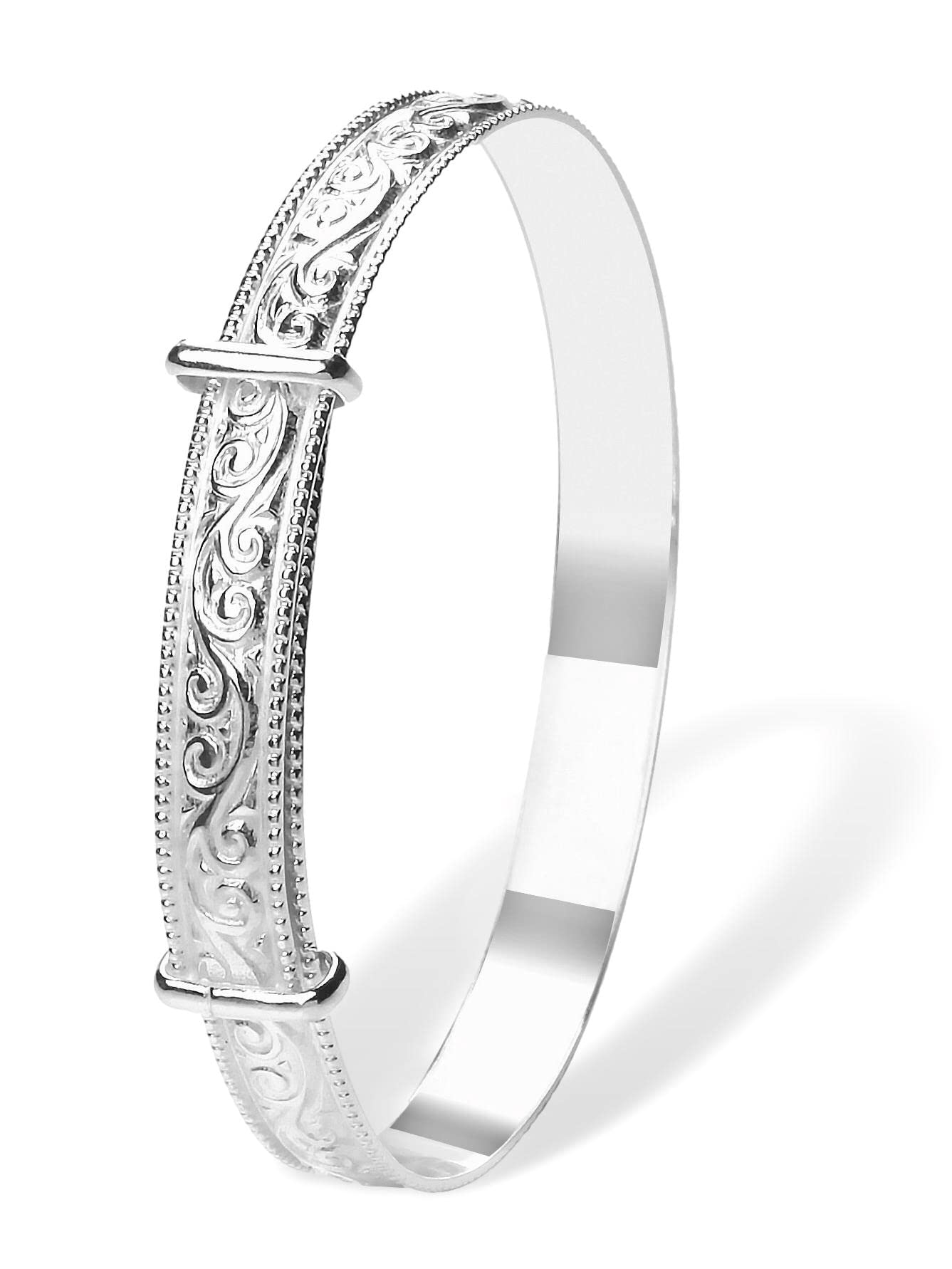 925 Sterling Silver Adjustable Bangle Bracelet for Children - Engraved Design