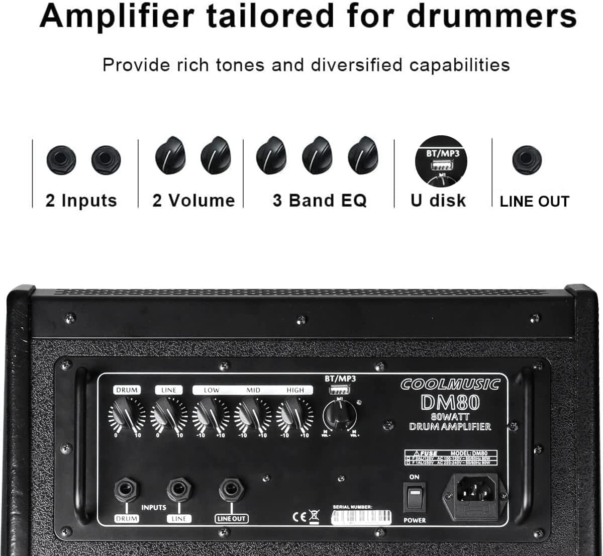 Coolmusic DM80 AMP Amplificateur de clavier électronique 80 watts avec entrée auxiliaire et Bluetooth, 2 entrées, égaliseur 3 bandes et sortie DI