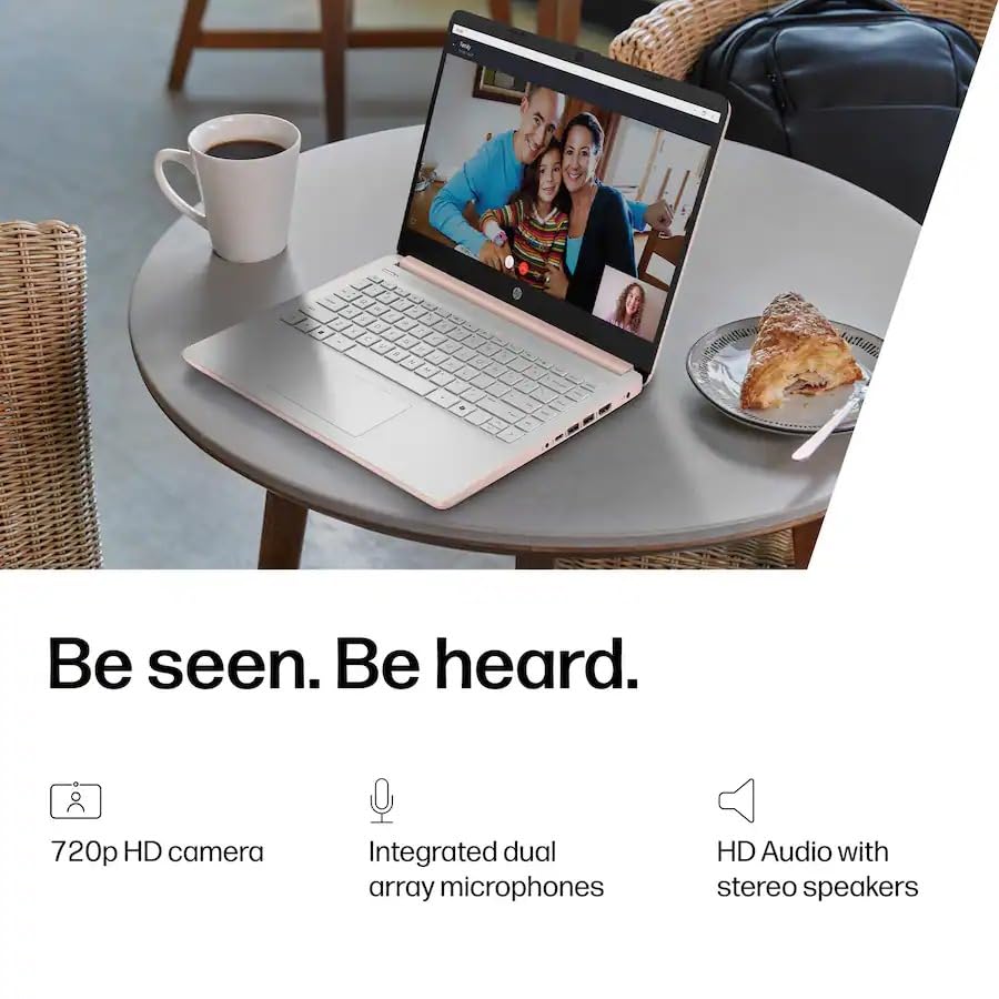 Image of HP 14 inch Laptop Computer with Microsoft Office 365, 128GB UFS, 4GB RAM, Intel N150 Processor, Windows 11, Home & Office, Pale Rose Gold