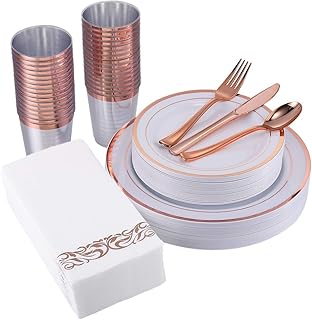 175 Piece Rose Gold Dinnerware Set 25 Guest-50 Rose Gold Rim Plastic Plates-25 Rose Gold Plastic Silverware-25 Rose Gold Plastic Cups-25 Linen Like Paper Napkins, FOCUSLINE Disposable Dinnerware Set