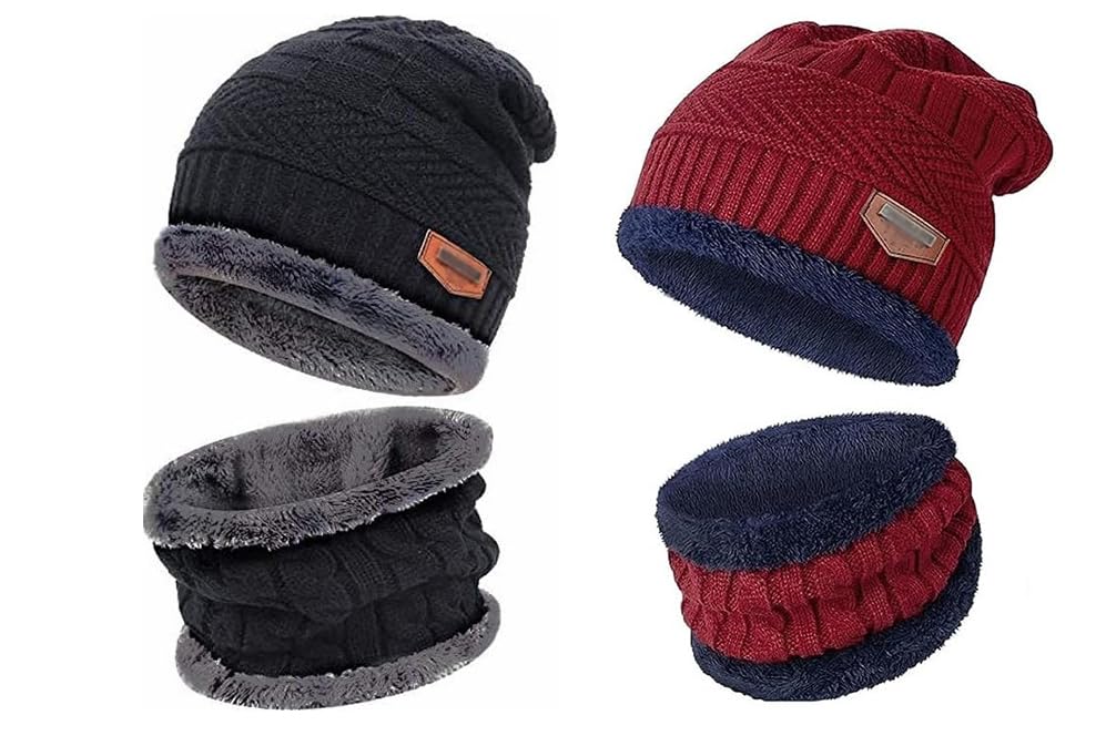 SHAKUBHAR Winter Thick Fleece Lined Beanie Woolen Cap Neck and Scarf Set Cap for Men Women