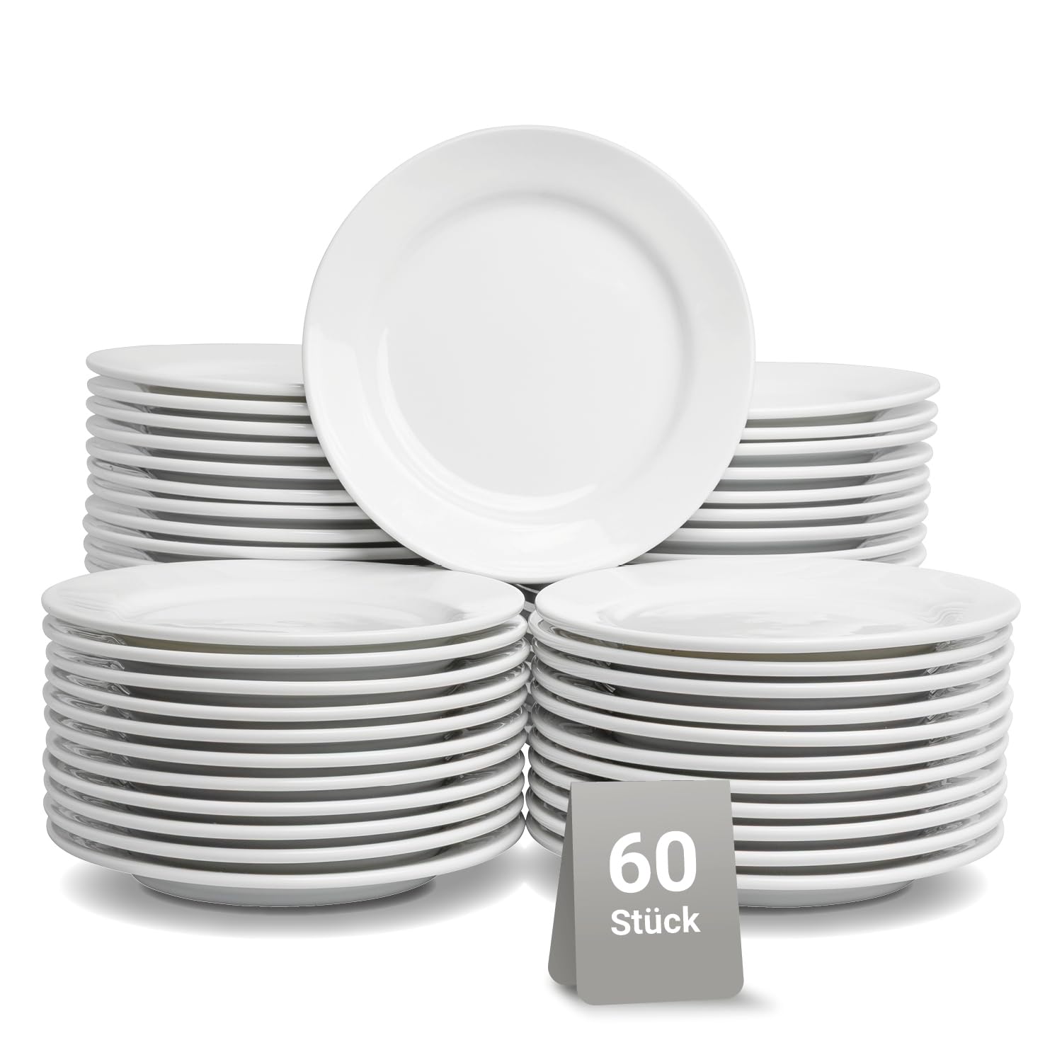VEGA Base Teller flach 60 Personen – Ø 21 cm, Hotelporzellan weiß, spülmaschinenfest, mikrowellengeeignet, stapelbar – für Vorspeise, Salat, Dessert, Kuchen & Buffet – Robuste Gastro-Qualität