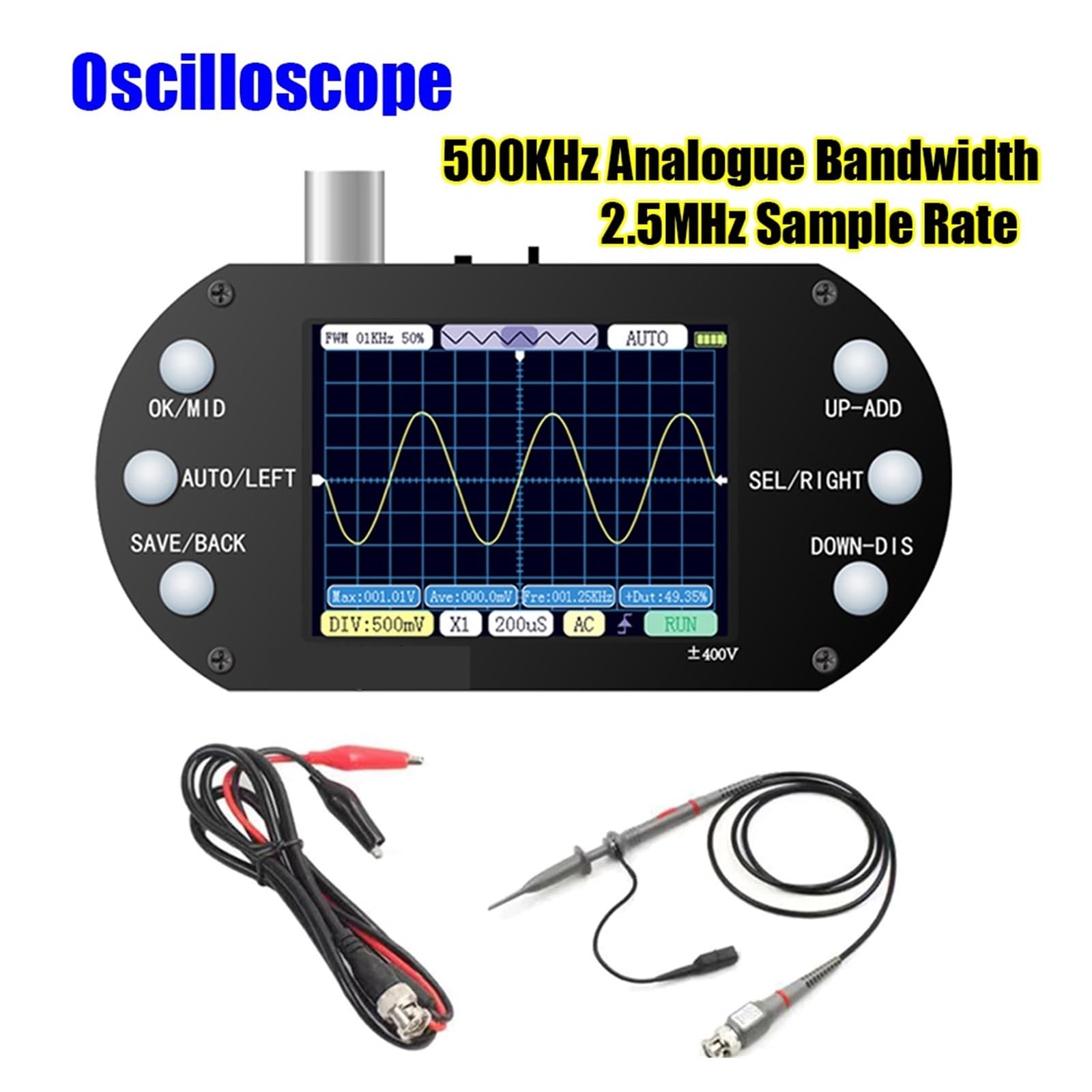 Osciloscopio digital Osciloscopio Digital portátil con pantalla de 2,4 pulgadas, resolución de 320x240, frecuencia de muestreo de 2,5 MHz, oscilómetro de ancho de banda de 500 KHz(A)