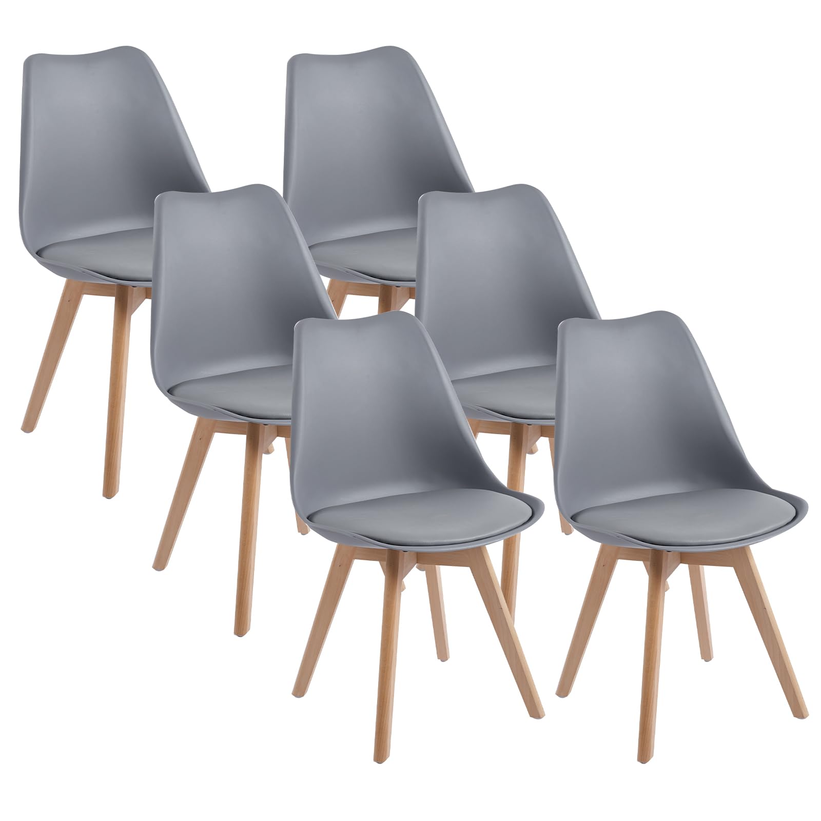 DEWINNER Sillas de Comedor escandinavas, Silla de Oficina Retro, Asiento Acolchado de Haya Maciza (Gris, Juego de 6)