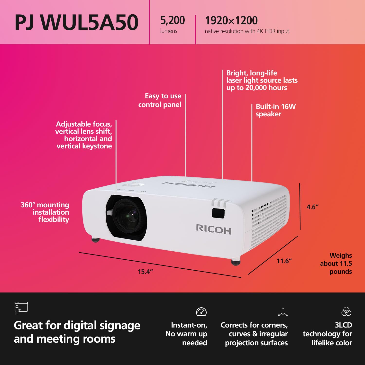Amazon.com: RICOH PJ WUL5A50 Compact 3LCD Laser Projector | 5200